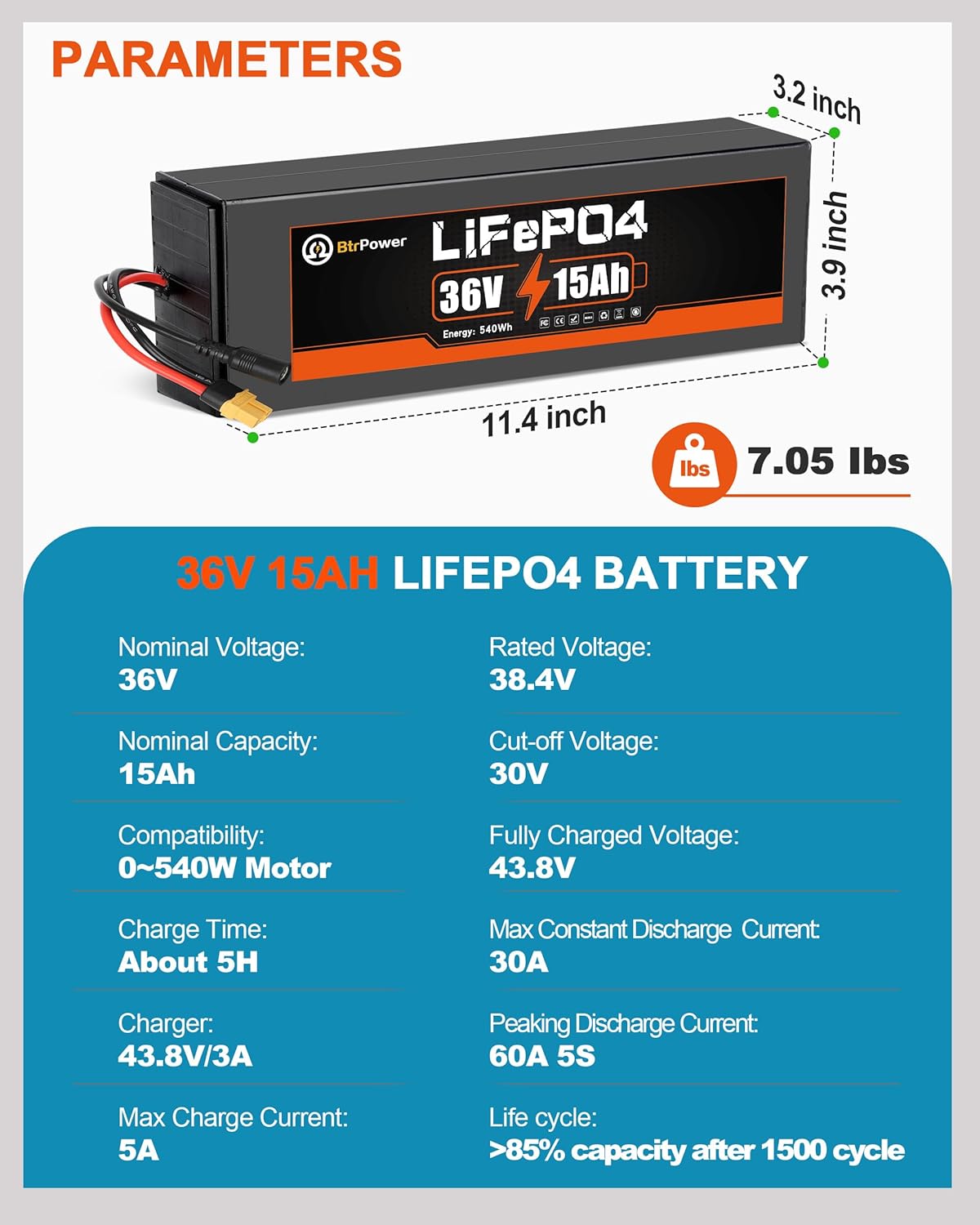 BtrPower 36v 15Ah Lifepo4 Battery Pack for 540W Ebike Electric Bike Scooter with Charger 30A BMS