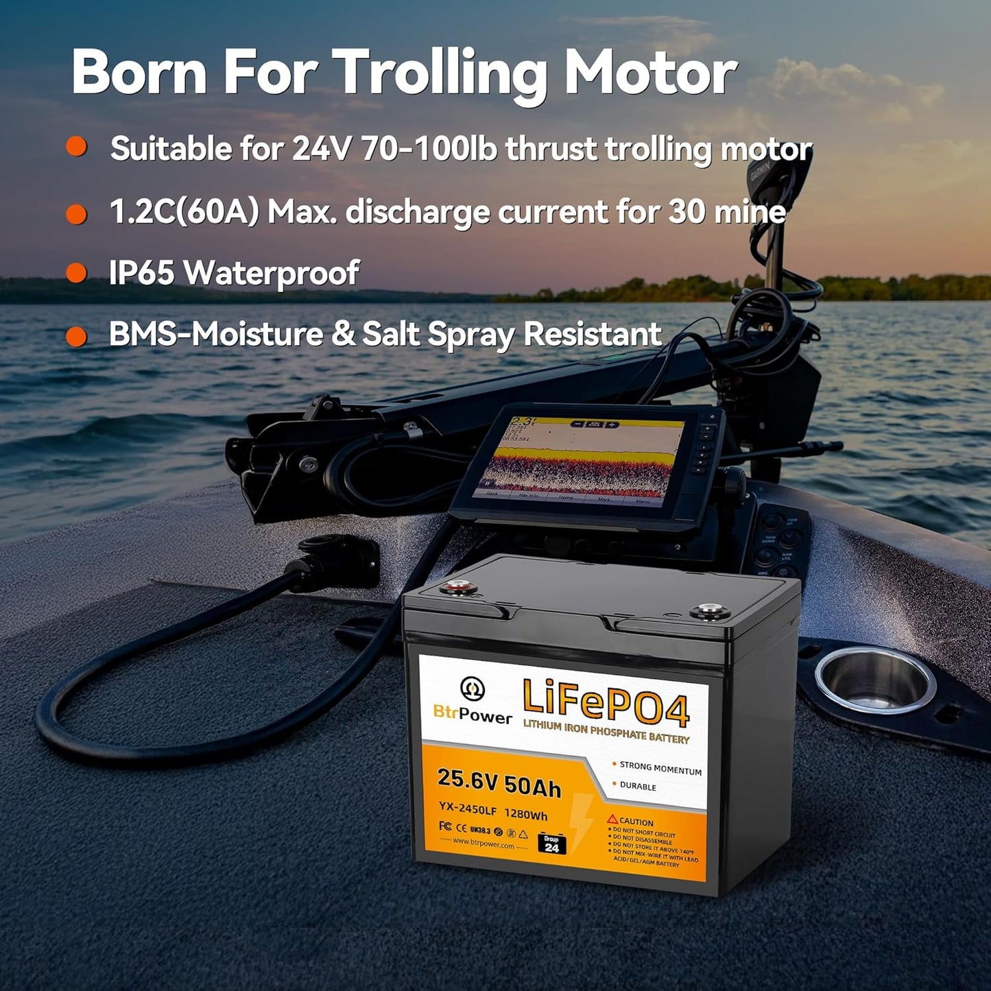 BtrPower 24V 50AH LiFePO4 Battery for RV, Solar System, Trolling Motor, Off-grid System, Golf Cart