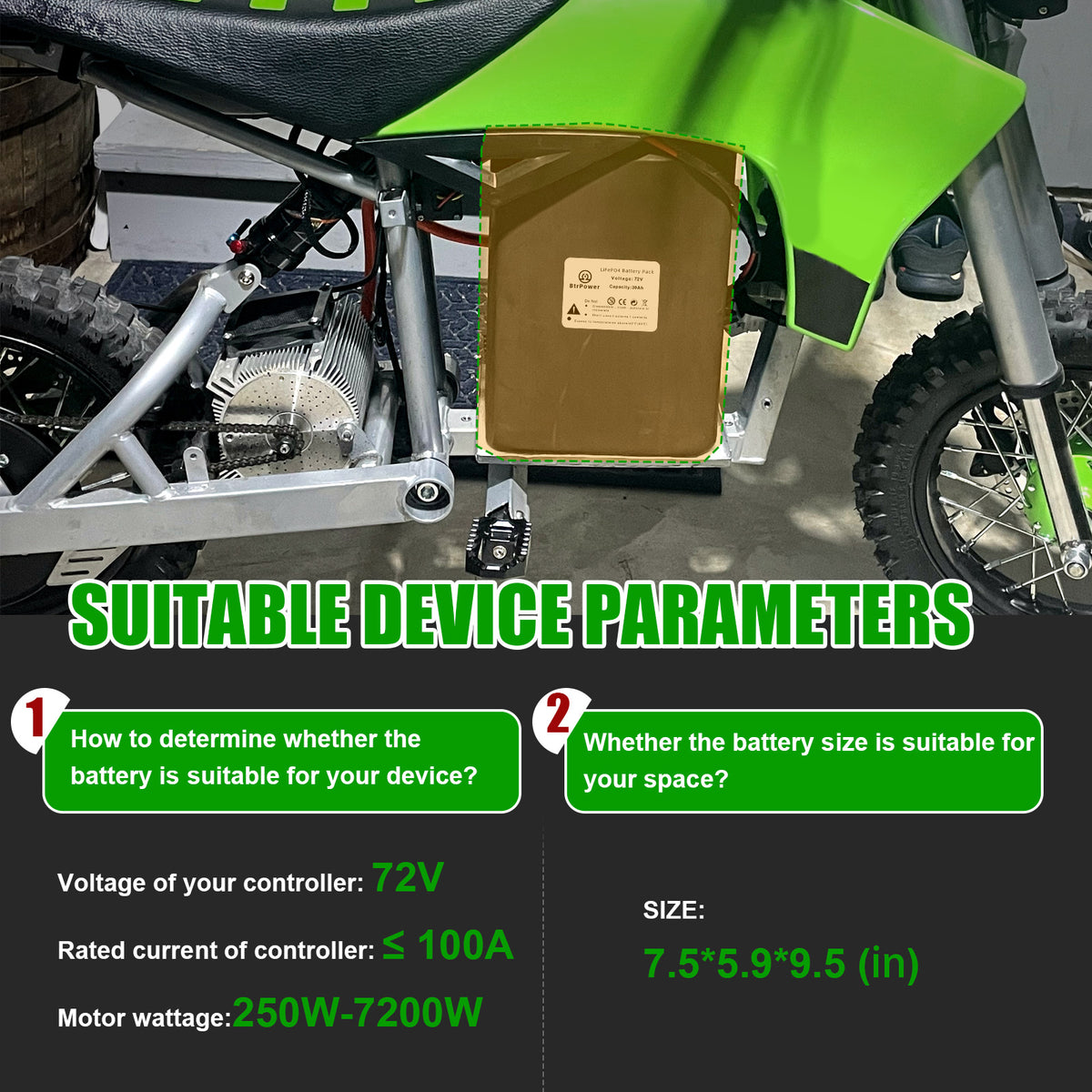 BtrPower Ebike Battery 72V 30AH LiFePO4 Battery Pack with 5A Charger 100A BMS