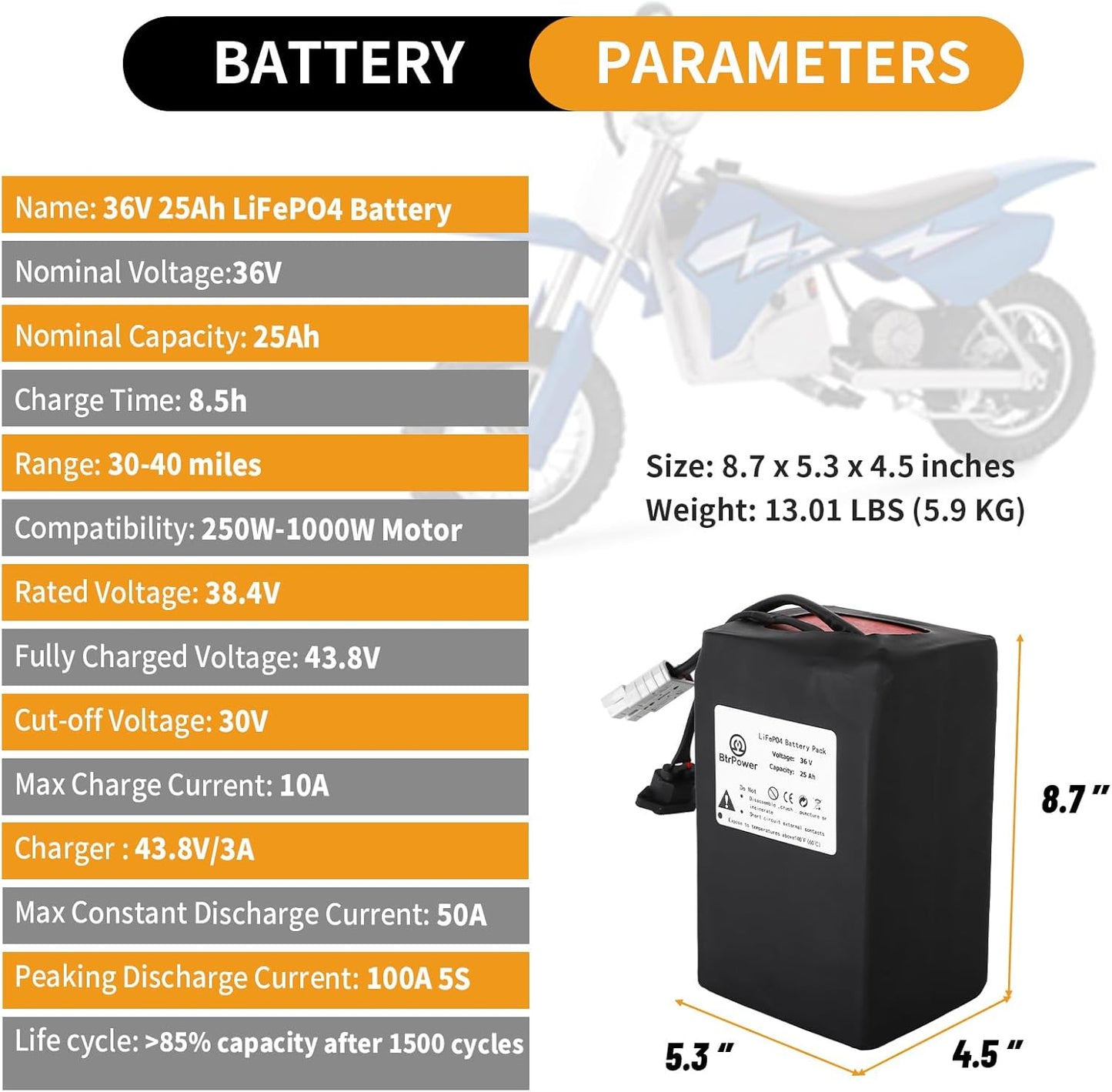 36V 25Ah Ebike Batería de Litio LiFePO4 para Scooter Bicicleta Eléctrica 50A BMS