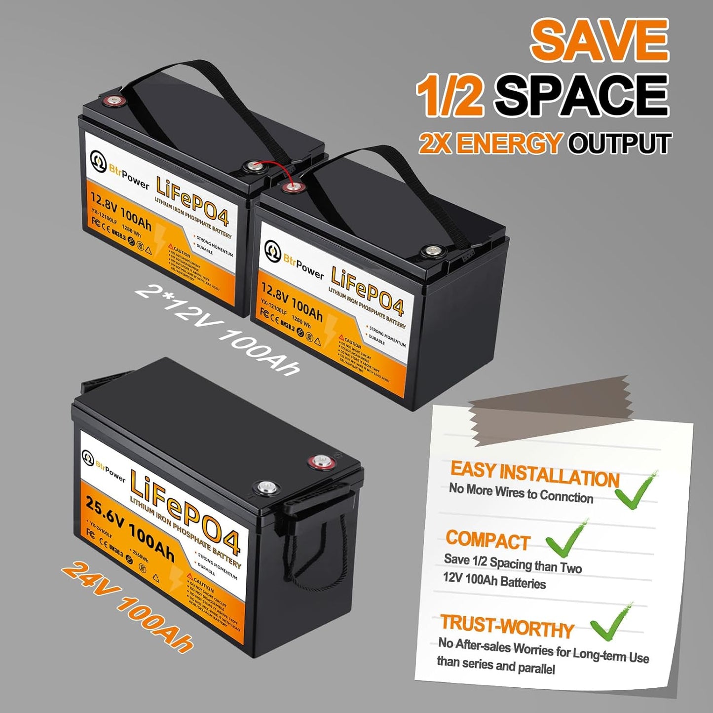 24V 100Ah BtrPower Lithium LiFePO4 Battery for RV Marine Solar System 100A BMS