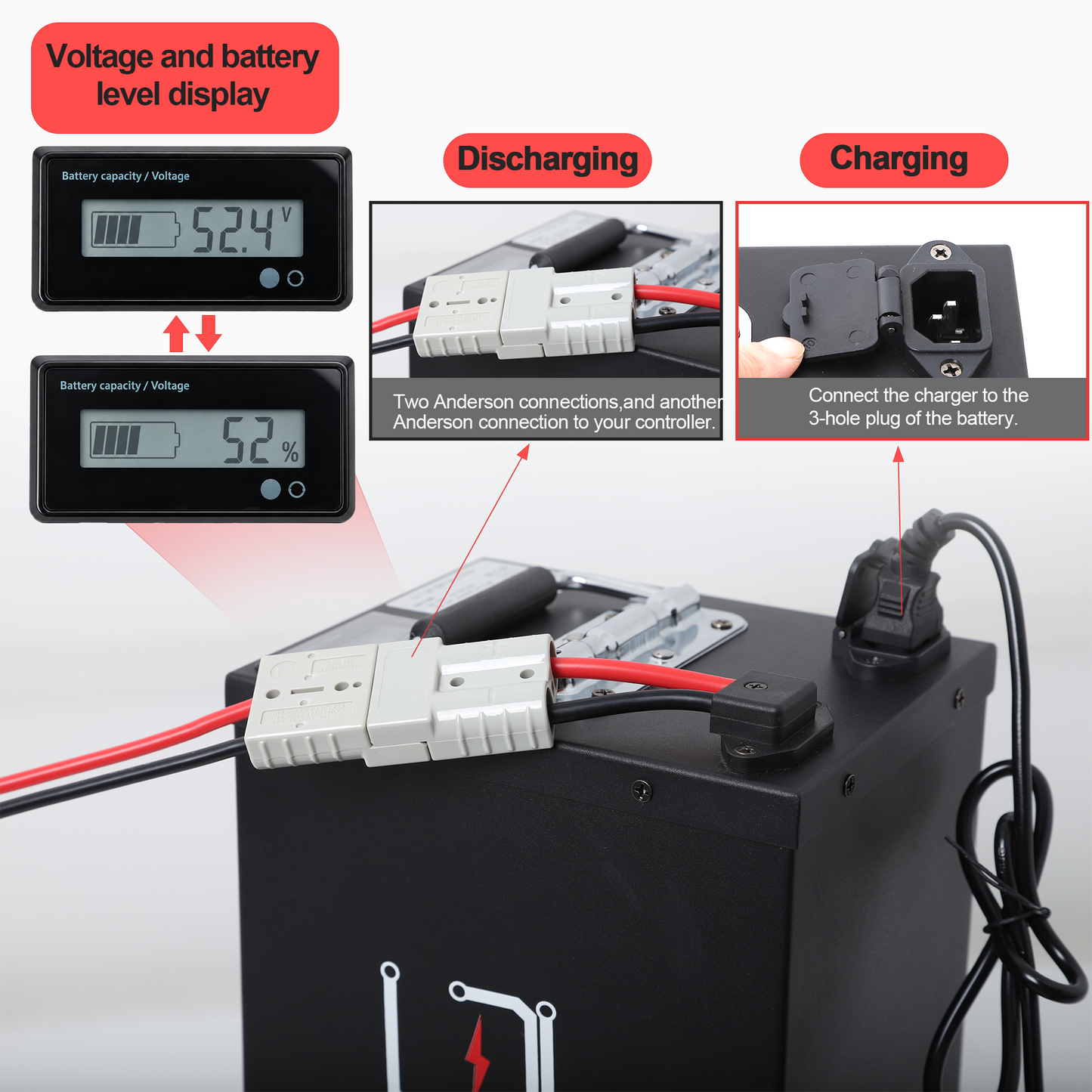 Ebike Battery 48V 40AH Li-ion Battery Pack Metal Case Battery with Battery Level Display 5A Charger, 50A BMS
