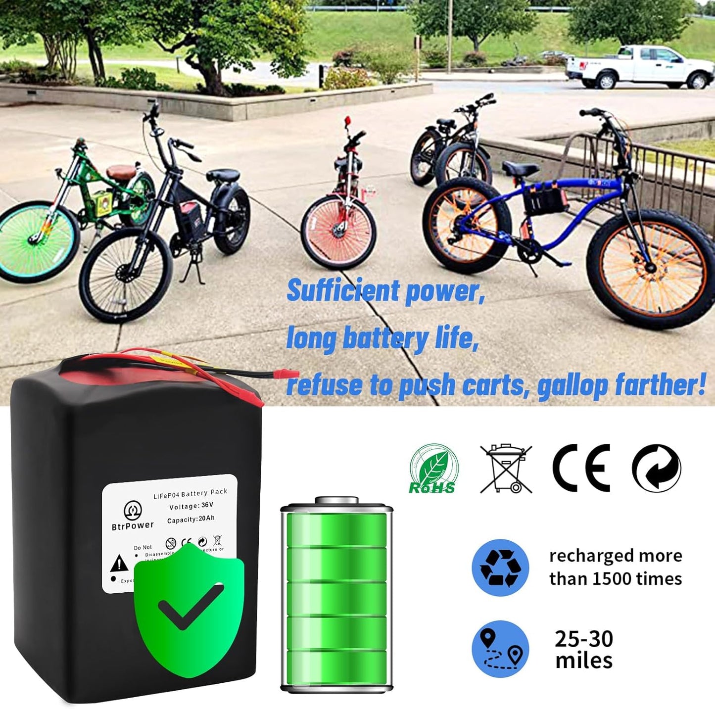 Batería de la batería LiFePo4 de BtrPower 36V 20AH Ebike con el cargador 3A, 30A BMS