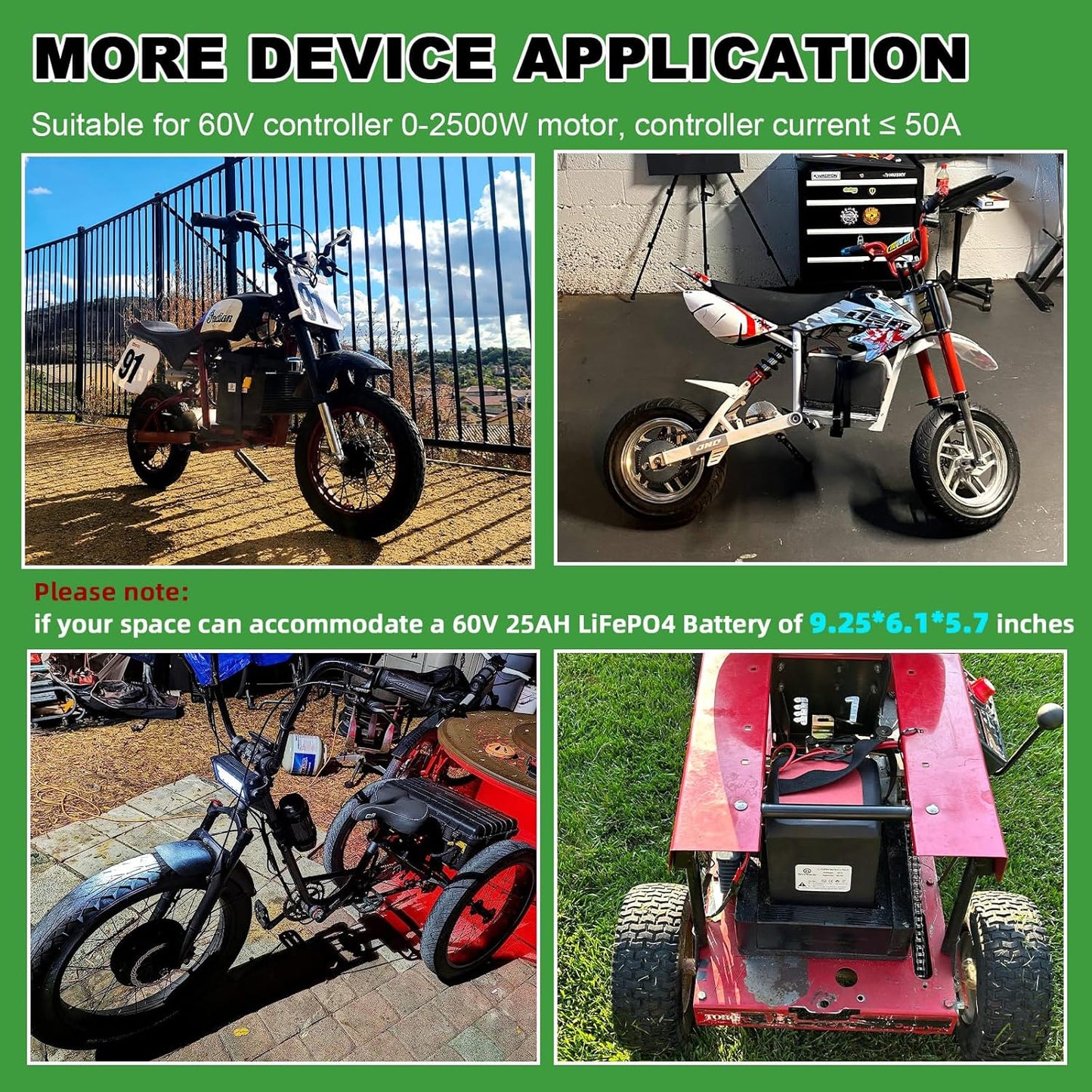 Electric Bike Ebike 60V 25Ah LiFePO4 Battery Pack for 250-2500W Trike Motor 50A BMS