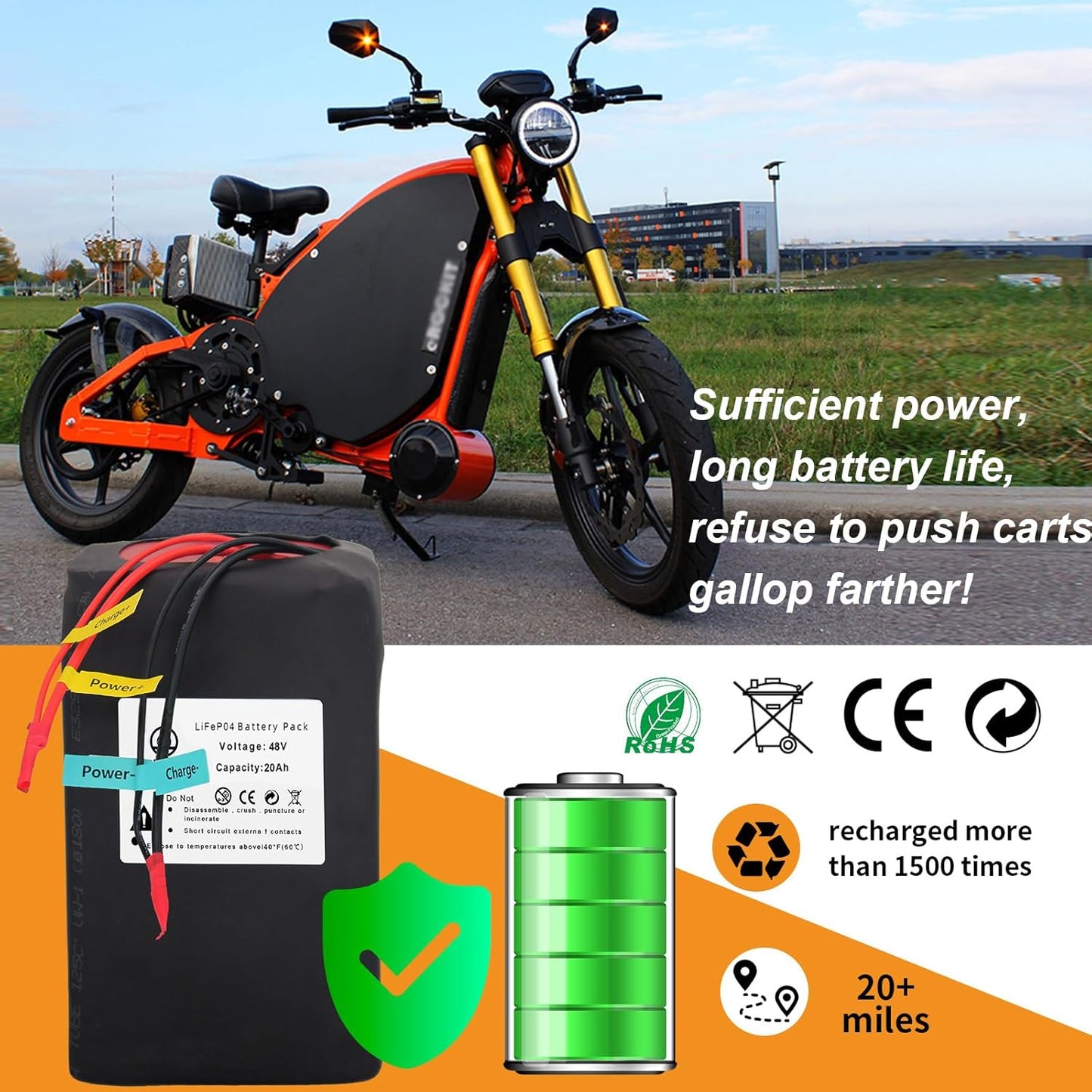 BtrPower Ebike Battery 48V 20AH LiFePO4 Battery Pack with 3A Charger,30A BMS