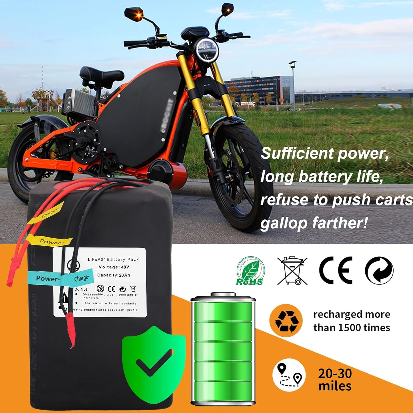 BtrPower Ebike Battery 48V 20AH LiFePO4 Battery Pack with 3A Charger,40A BMS