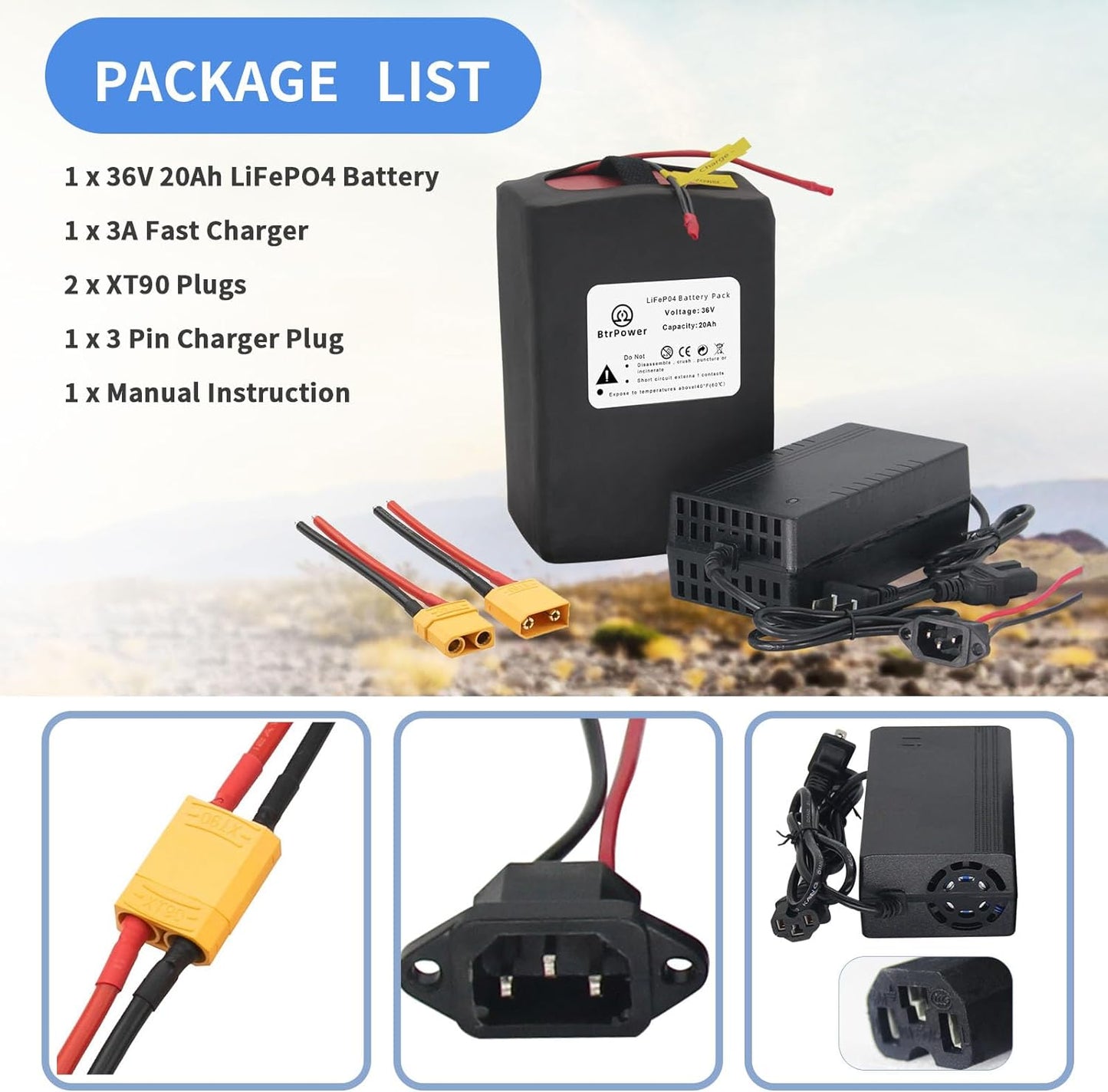 BtrPower 36V 20AH Ebike Battery LiFePo4 Battery Pack with 3A Charger, 30A BMS