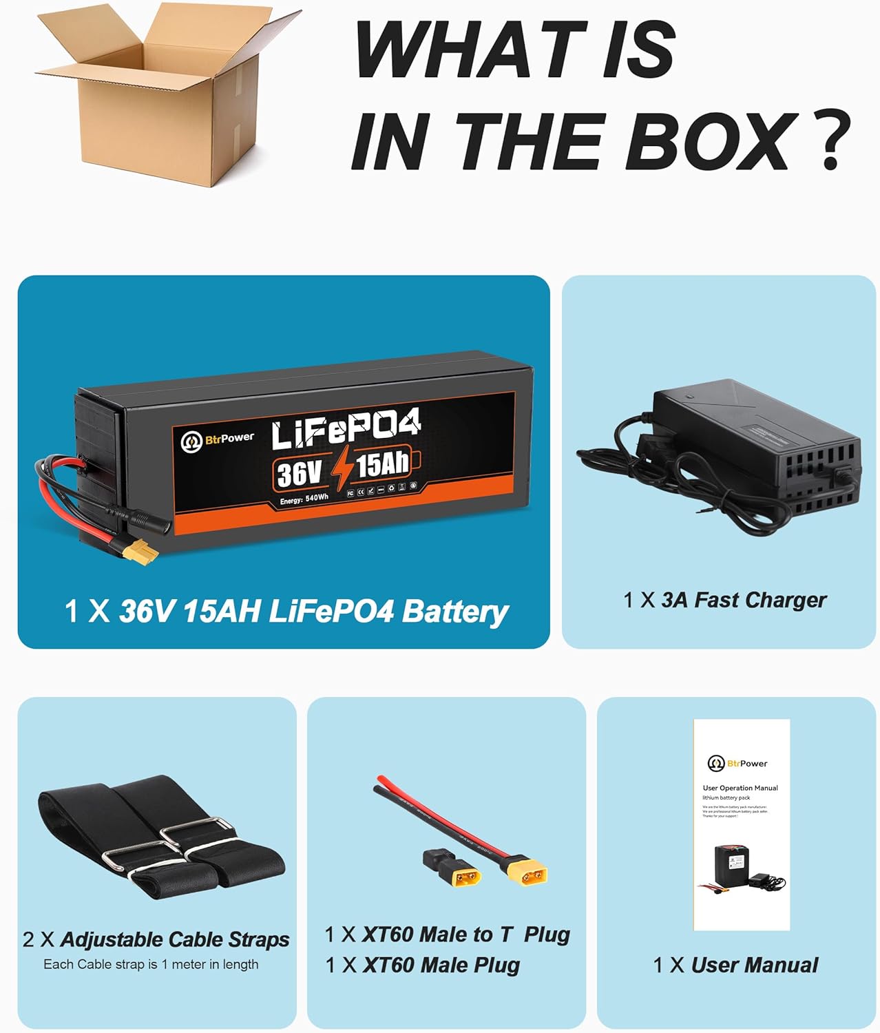 BtrPower 36v 15Ah Lifepo4 Battery Pack for 540W Ebike Electric Bike Scooter with Charger 30A BMS