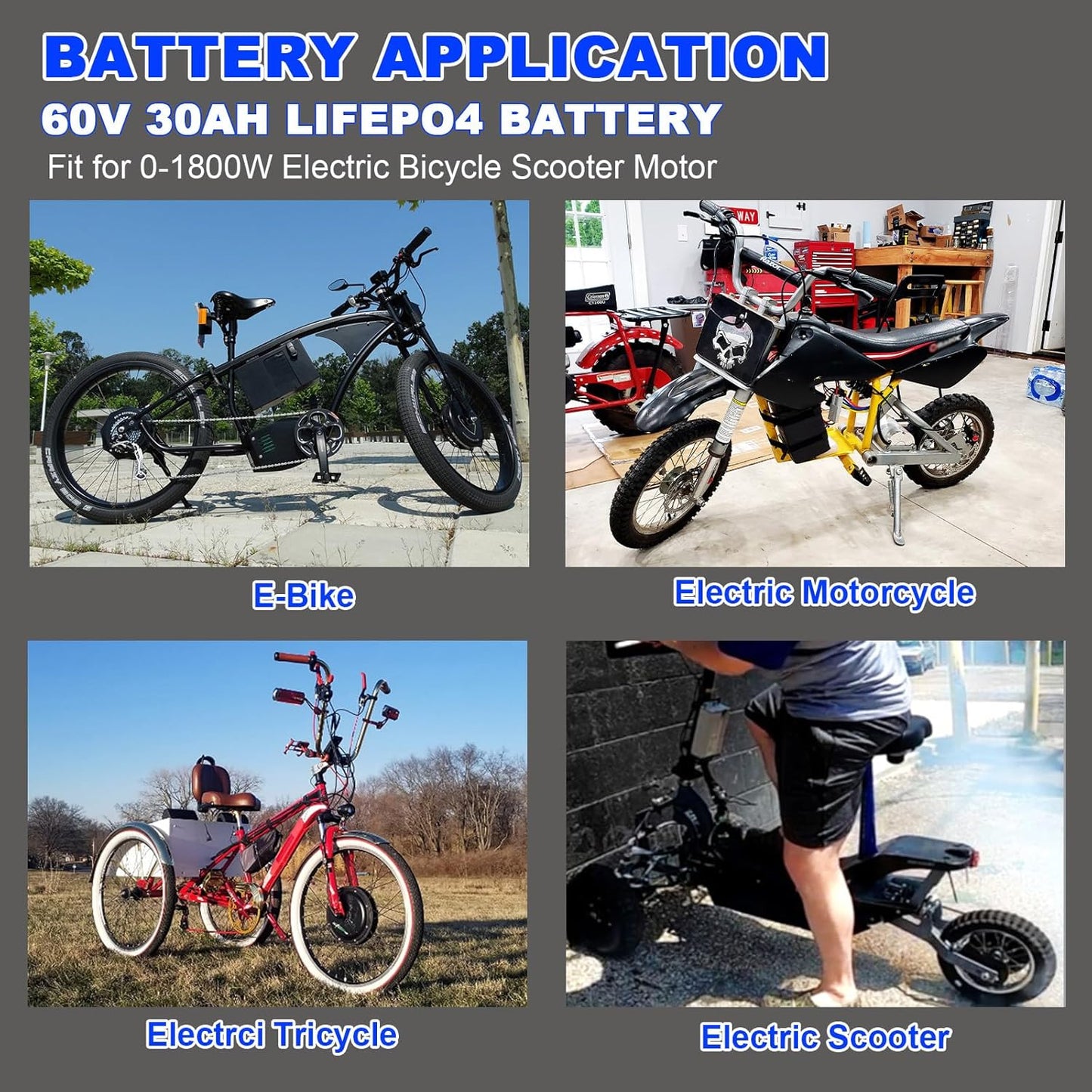 60v Ebike Battery 30Ah Lithium LiFePO4 30A BMS for 0-1800W Electric Bike Scooter