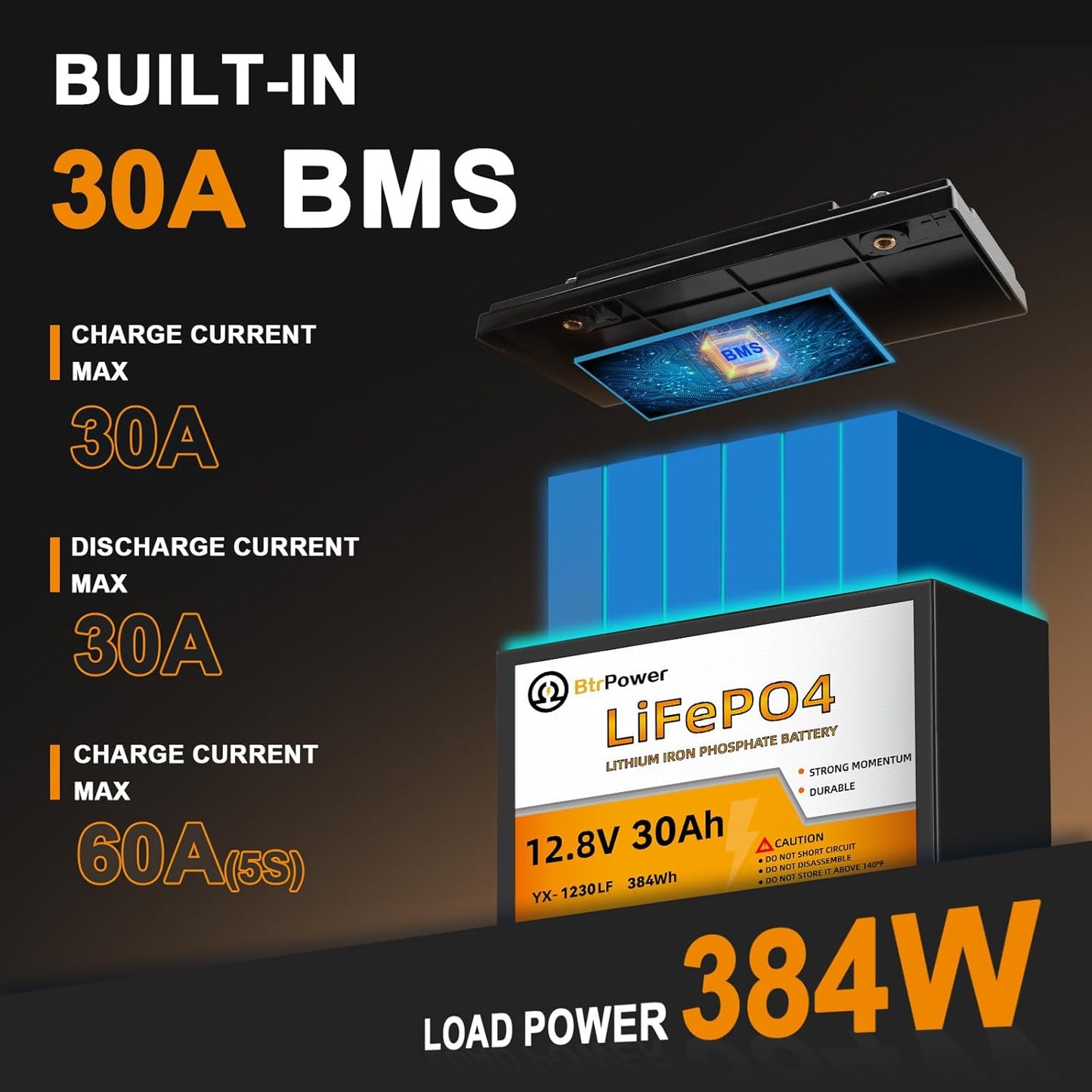 BtrPower 12V 30AH LiFePO4 Battery for RV,Solar System,Trolling motor with 30A BMS