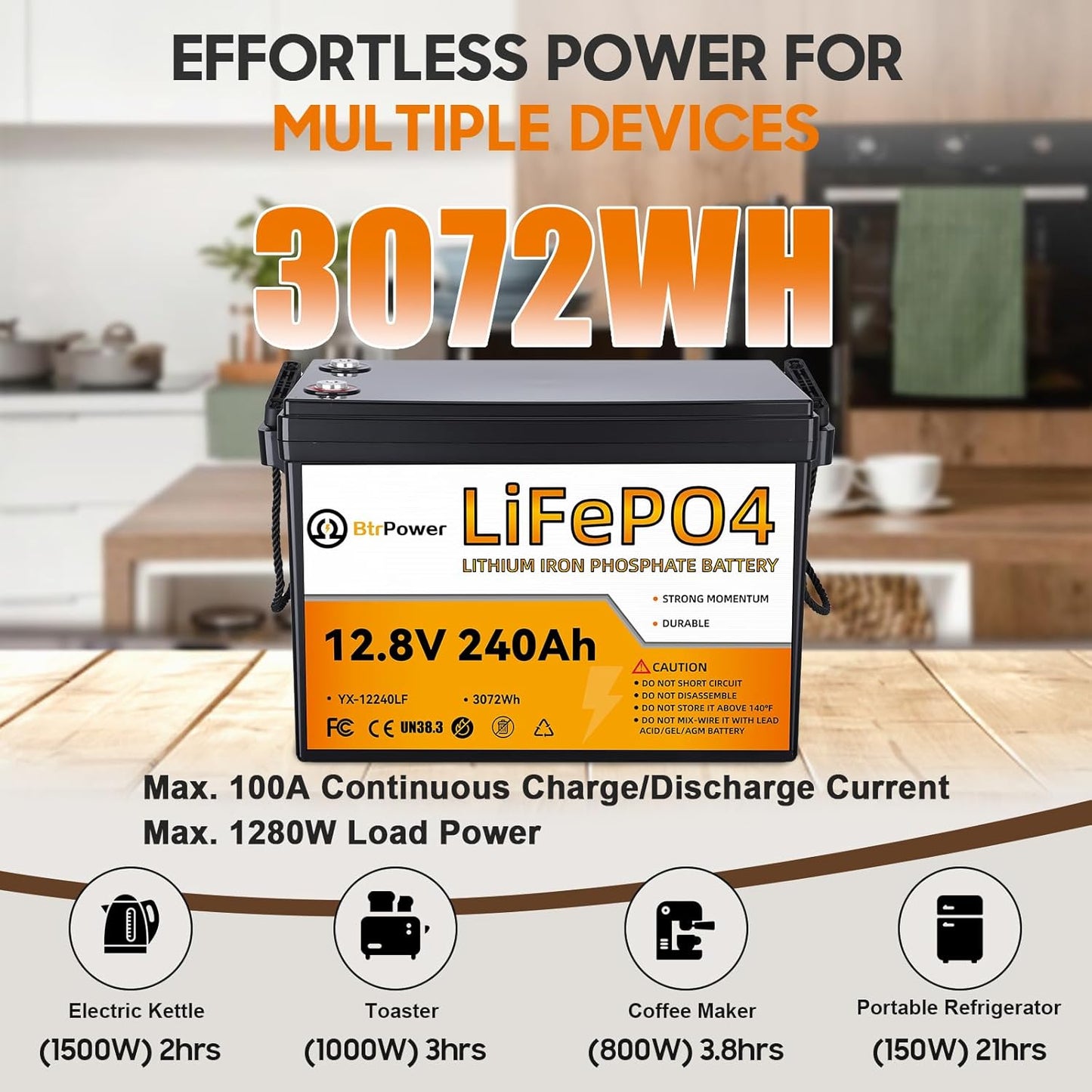12V 240AH LiFePO4 Lithium Battery Pack 100A BMS for RV Marine Solar System Trolling Motor