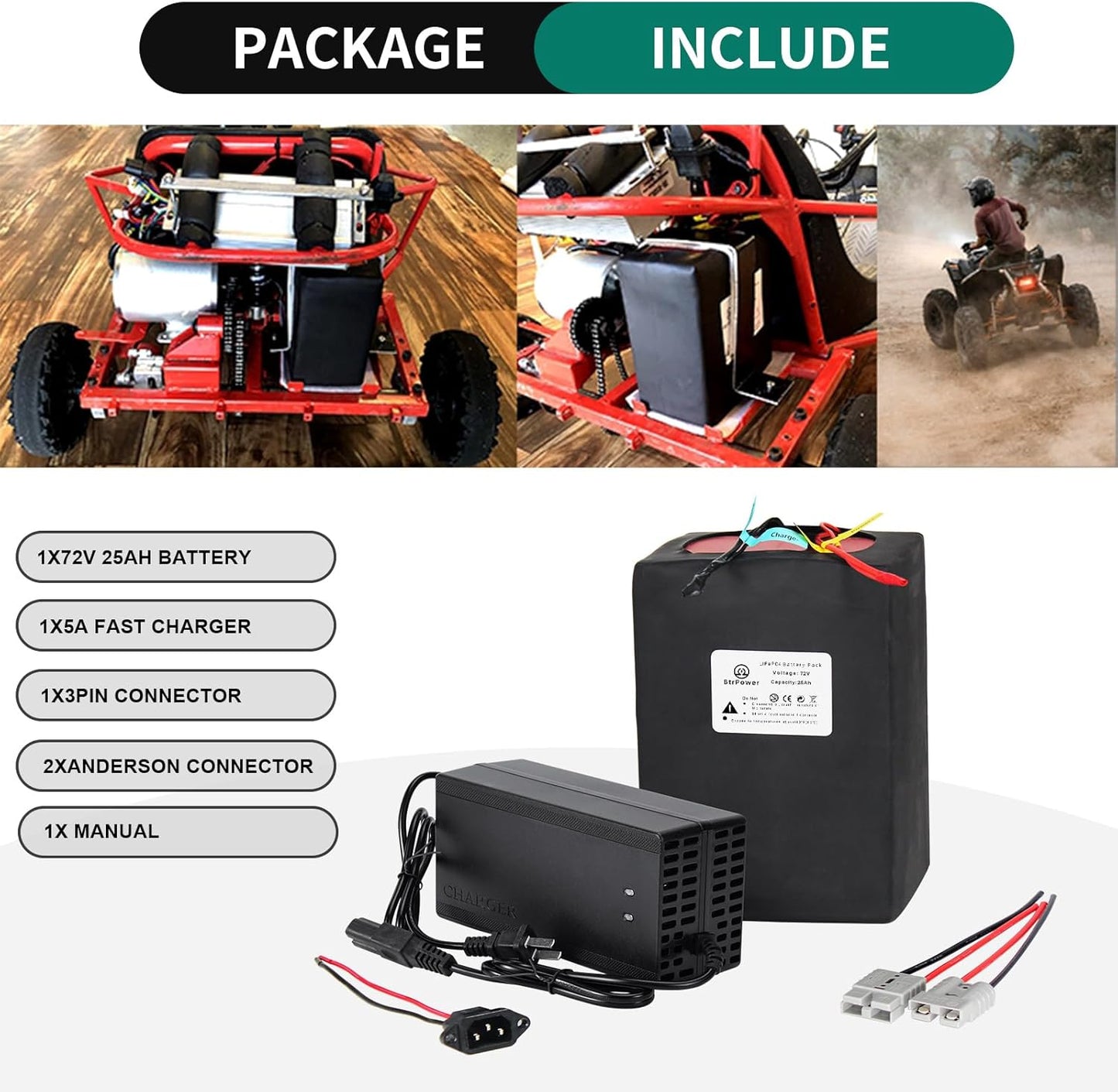 BtrPower Ebike Battery 72V 25AH LiFePO4 Battery Pack with 5A Charger 100A BMS