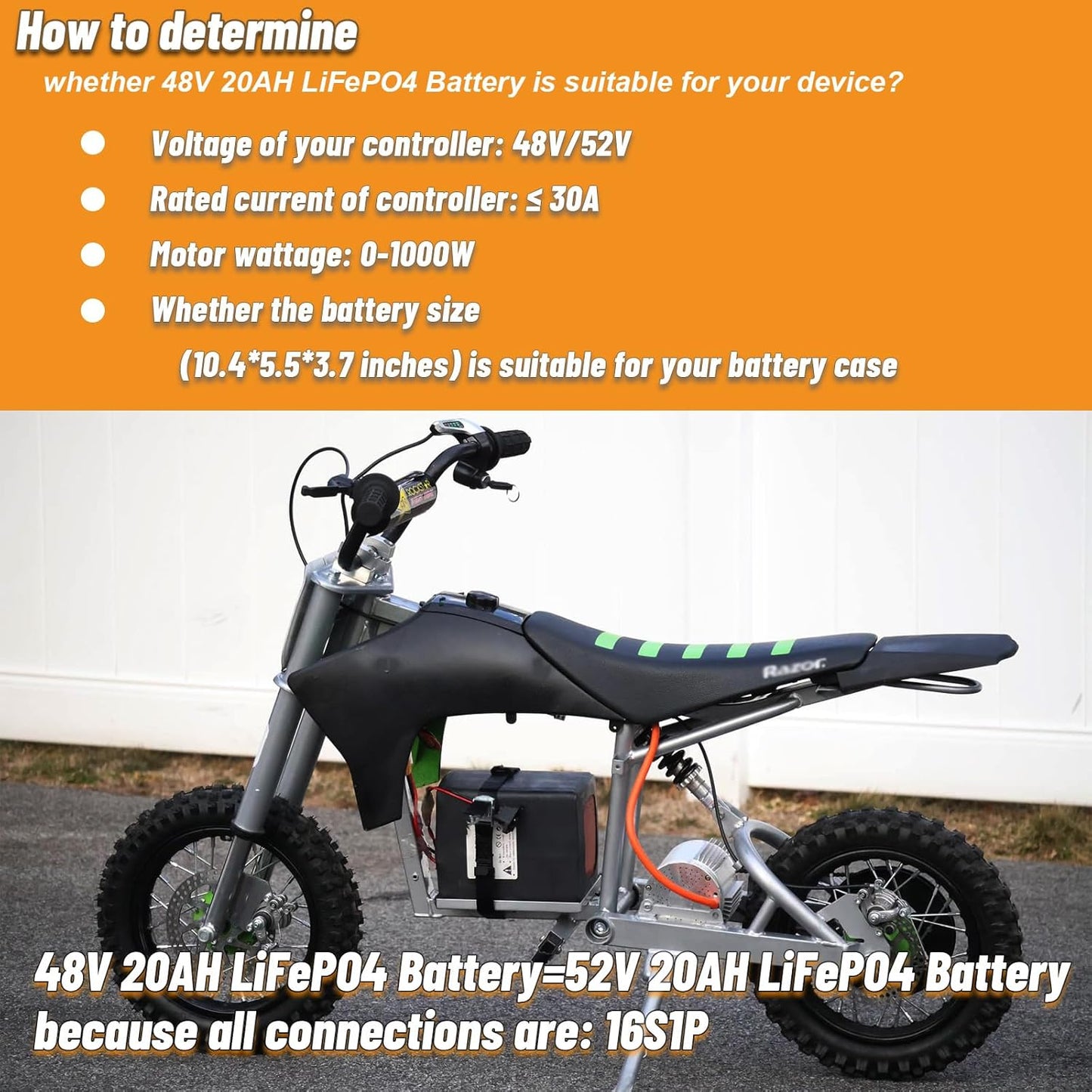 BtrPower Ebike Battery 48V 20AH LiFePO4 Battery Pack with 3A Charger,30A BMS