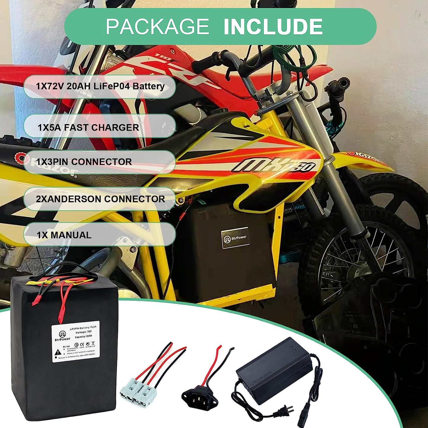 BtrPower Ebike Battery 72V 20AH LiFePO4 Battery Pack with 5A Charger 80A BMS