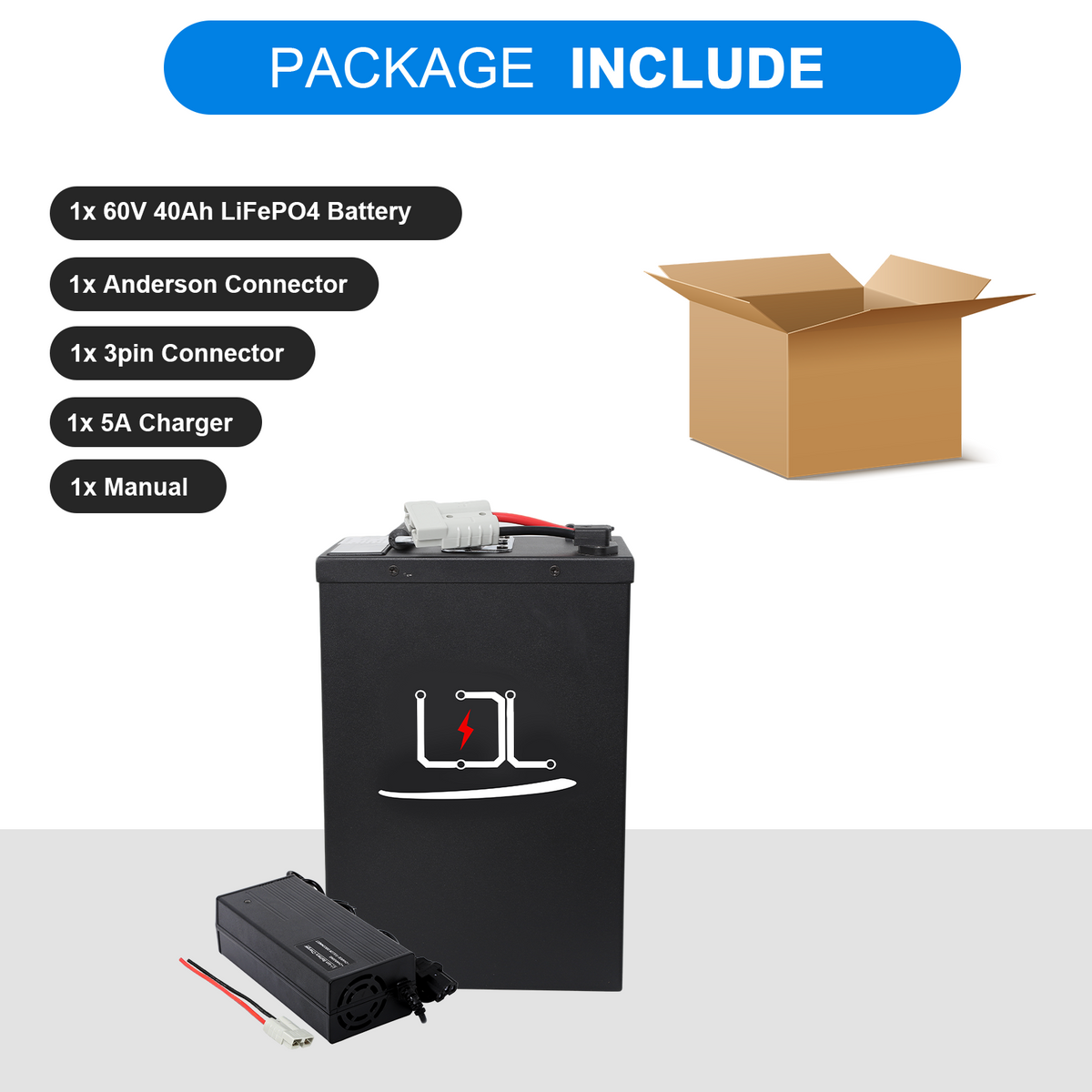60V Ebike Battery 40Ah Lithium LiFePO4 Battery with 50A BMS for 0-3000W Electric Bike Scooter