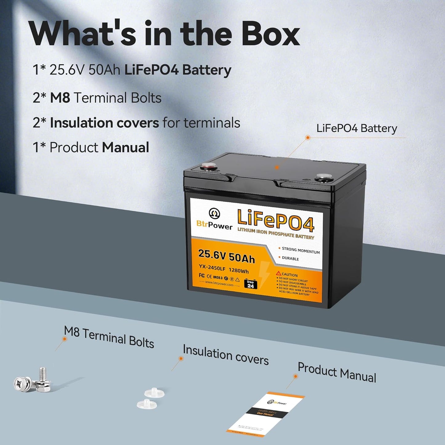 BtrPower 24V 50AH LiFePO4 Battery for RV, Solar System, Trolling Motor, Off-grid System, Golf Cart