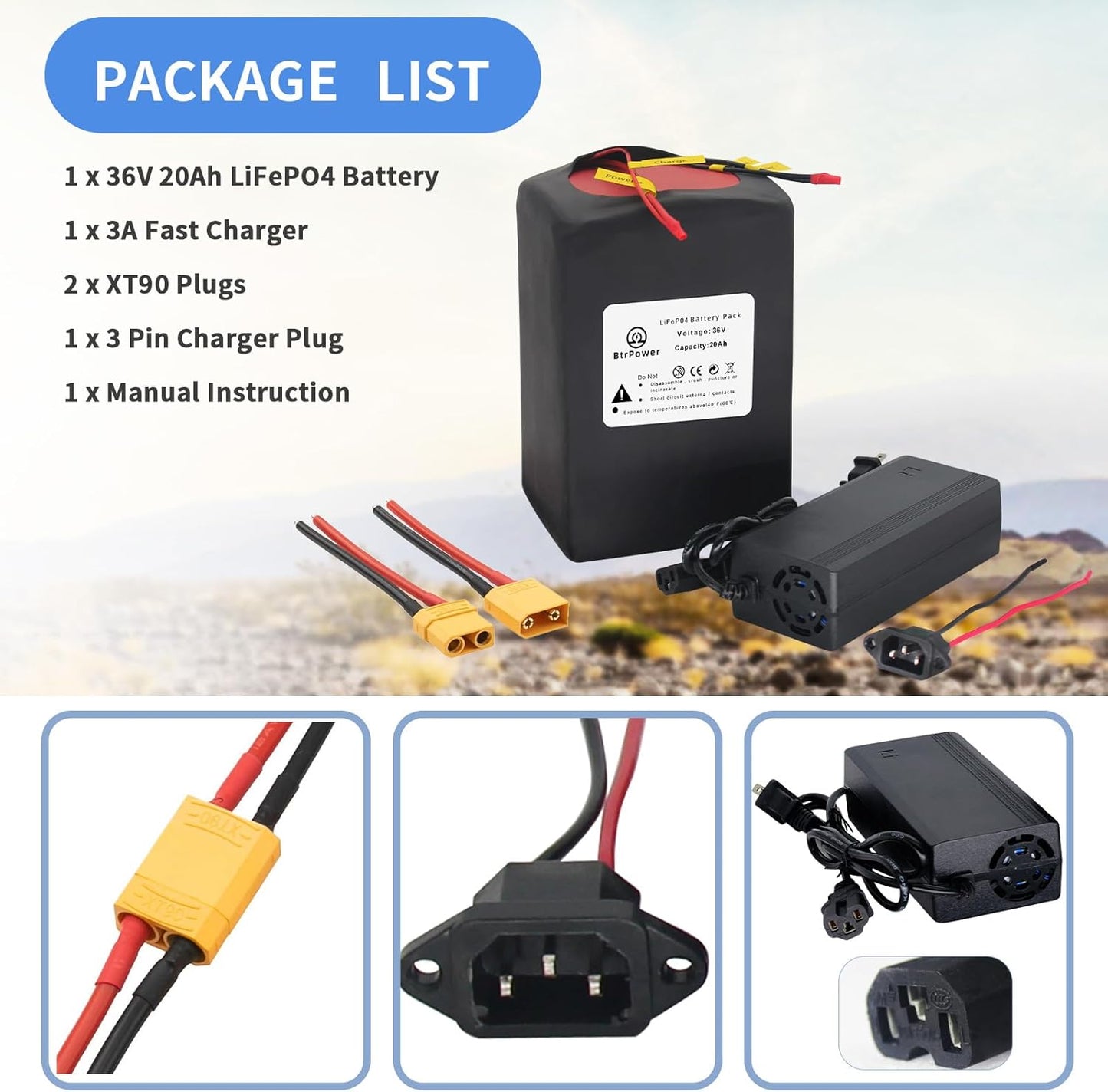 Batería de la batería LiFePo4 de BtrPower 36V 20AH Ebike con el cargador 3A, 30A BMS