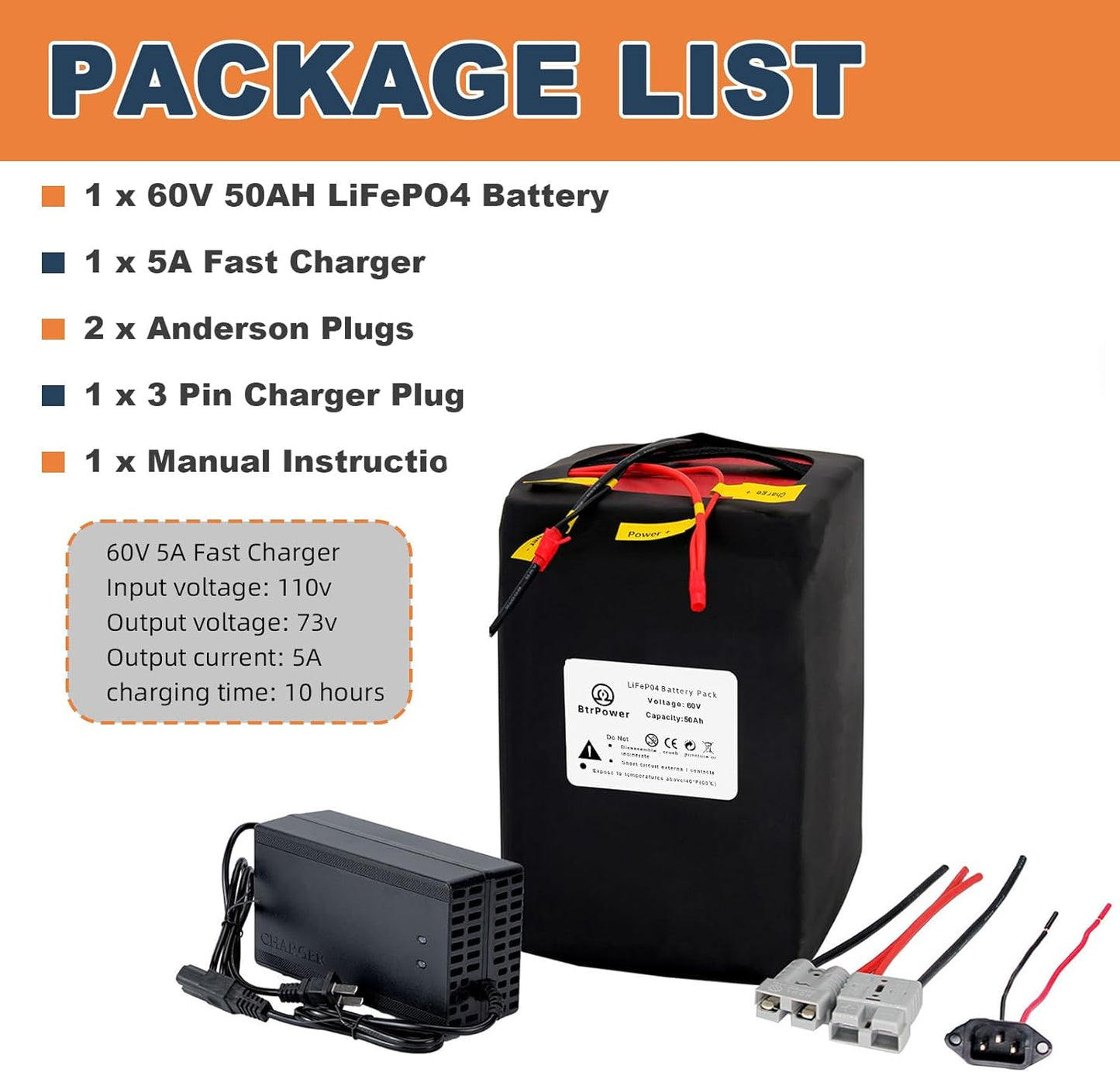 60V 50Ah Lifepo4 Battery Pack for Ebike Electric Scooter 1500W with 5A Charger
