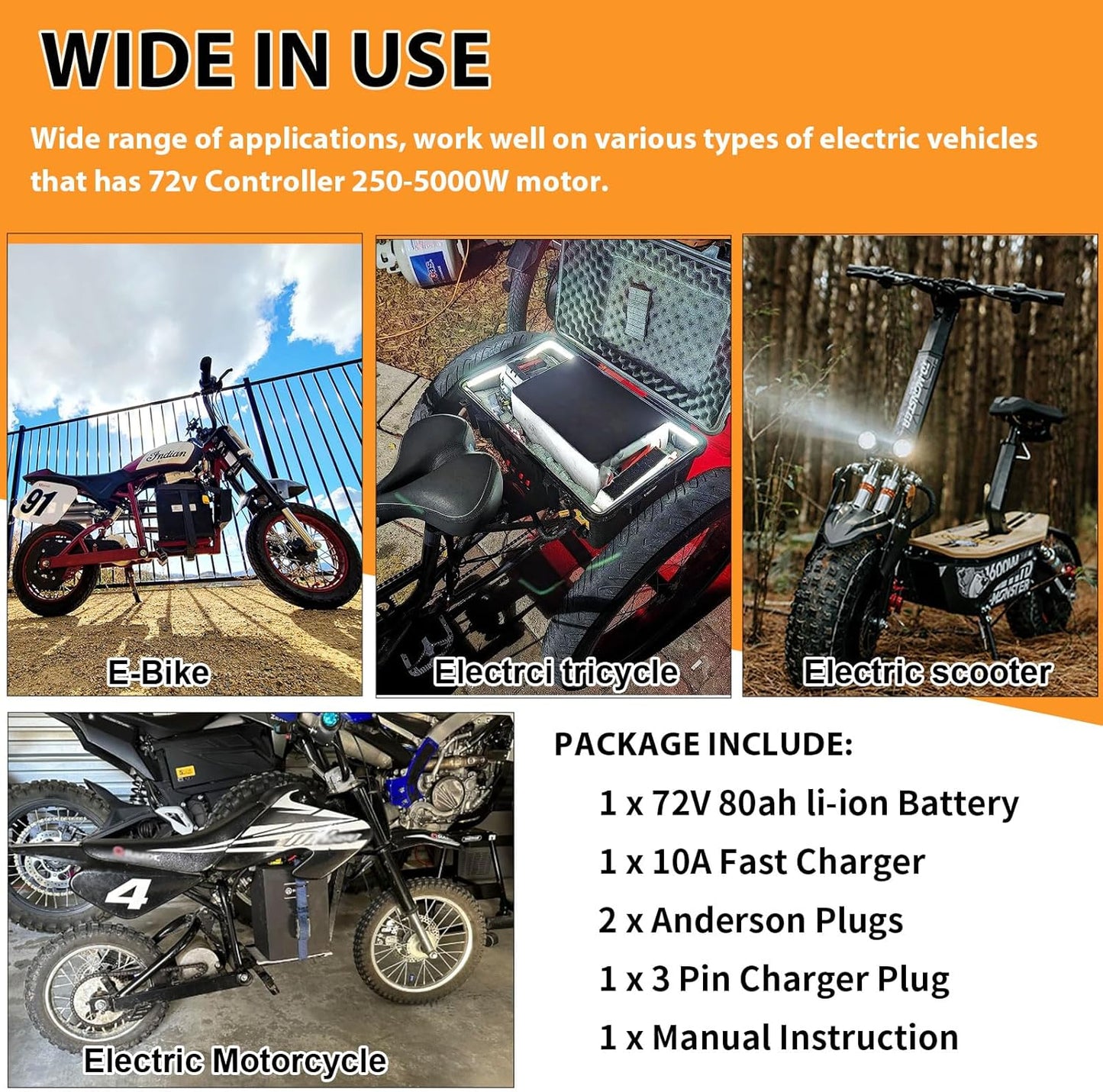 72v Ebike Battery 80Ah Lithium Li-ion 80A BMS for 5000W Electric Bike Scooter