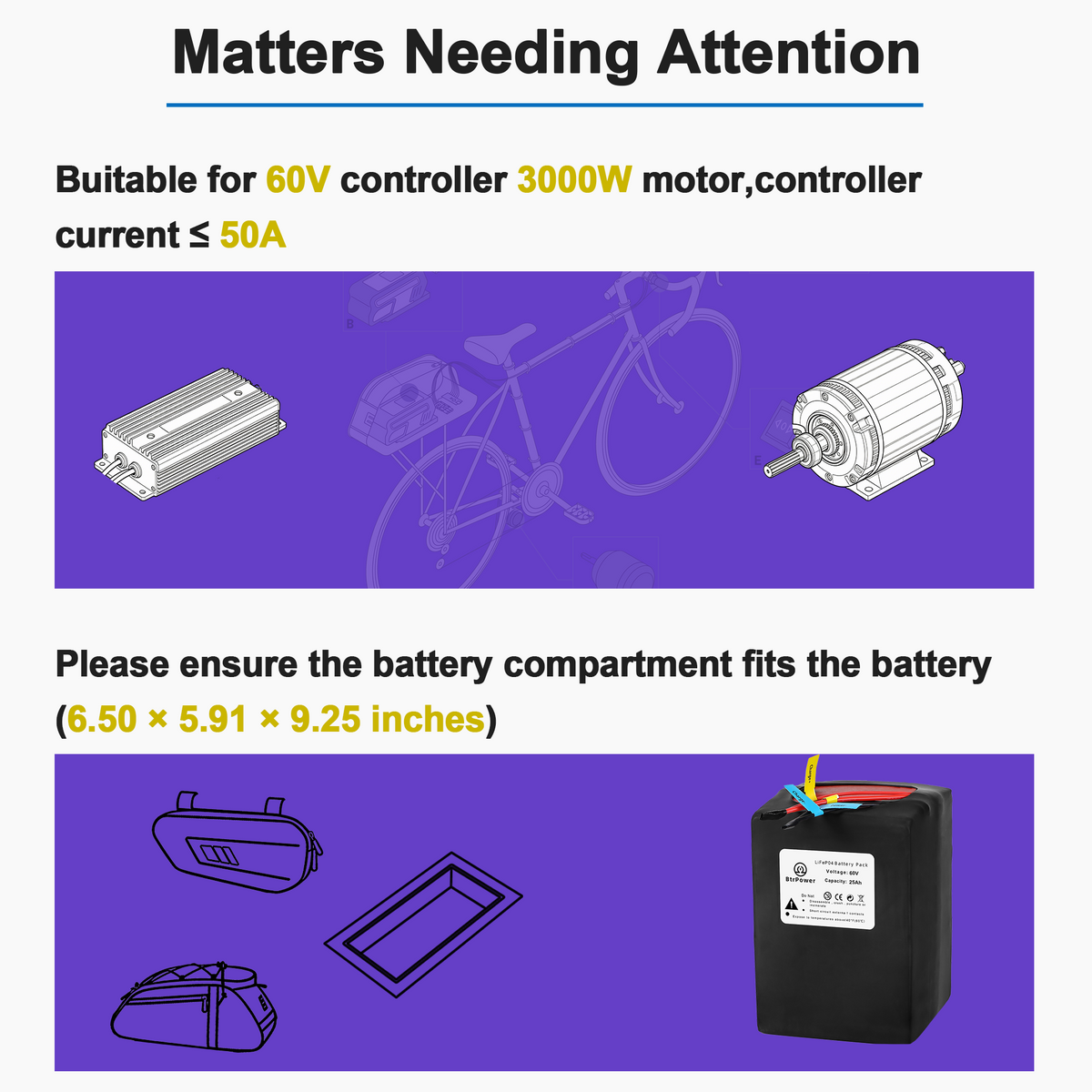 Electric Bike Ebike 60V 25Ah LiFePO4 Battery Pack for 250-2500W Trike Motor 50A BMS