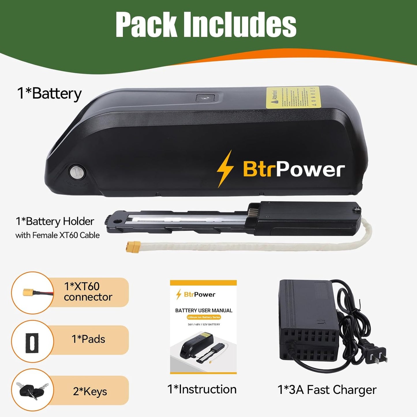 BtrPower 48V 10Ah Hailong Ebike Battery for Electric Bike Motor Lithium Battery 30A BMS