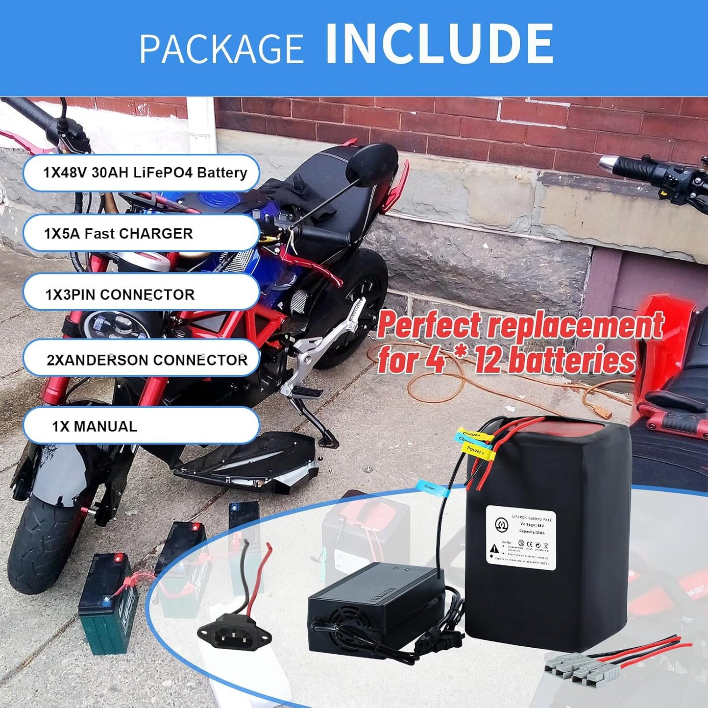 BtrPower Ebike Battery 48V 30AH LiFePO4 Battery Pack with 5A Charger, 50A BMS