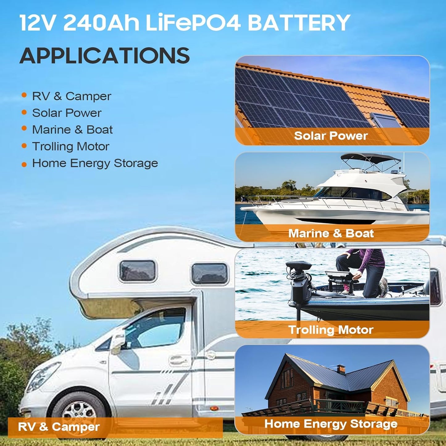 12V 240AH LiFePO4 Lithium Battery Pack 100A BMS for RV Marine Solar System Trolling Motor