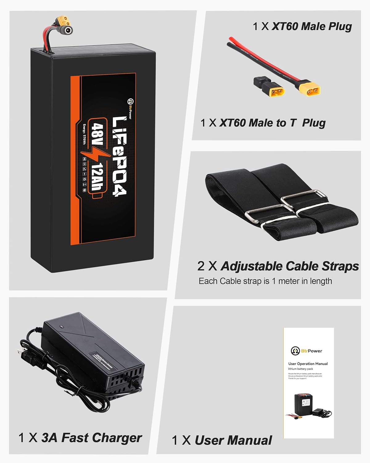 BtrPower Ebike Battery 48V 12AH LiFePo4 Battery Pack for Electric Bike Scooter with 3A Charger, 30A BMS