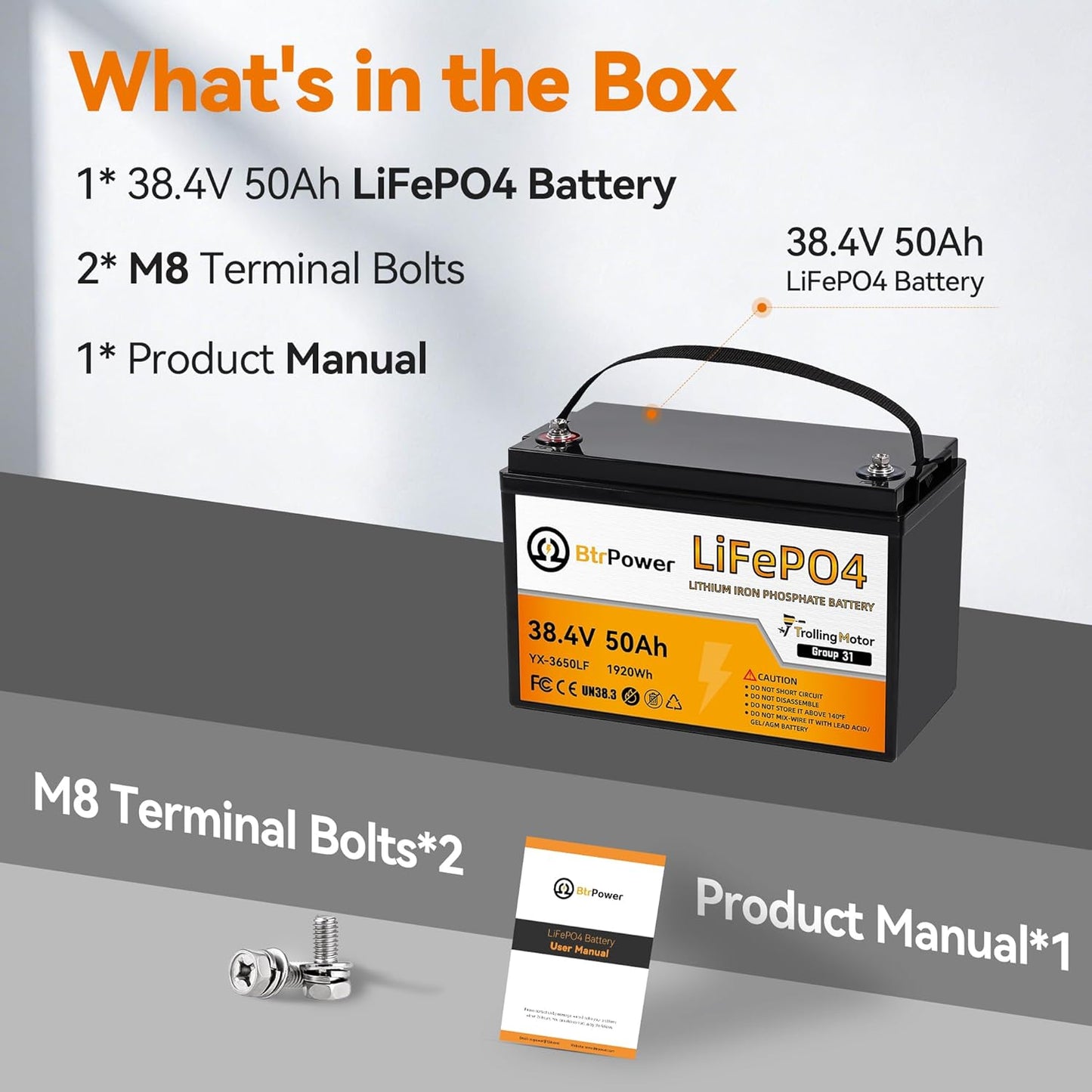 BtrPower 36V 50Ah LiFePO4 Lithium Battery for Trolling Motor RV Marine Solar System