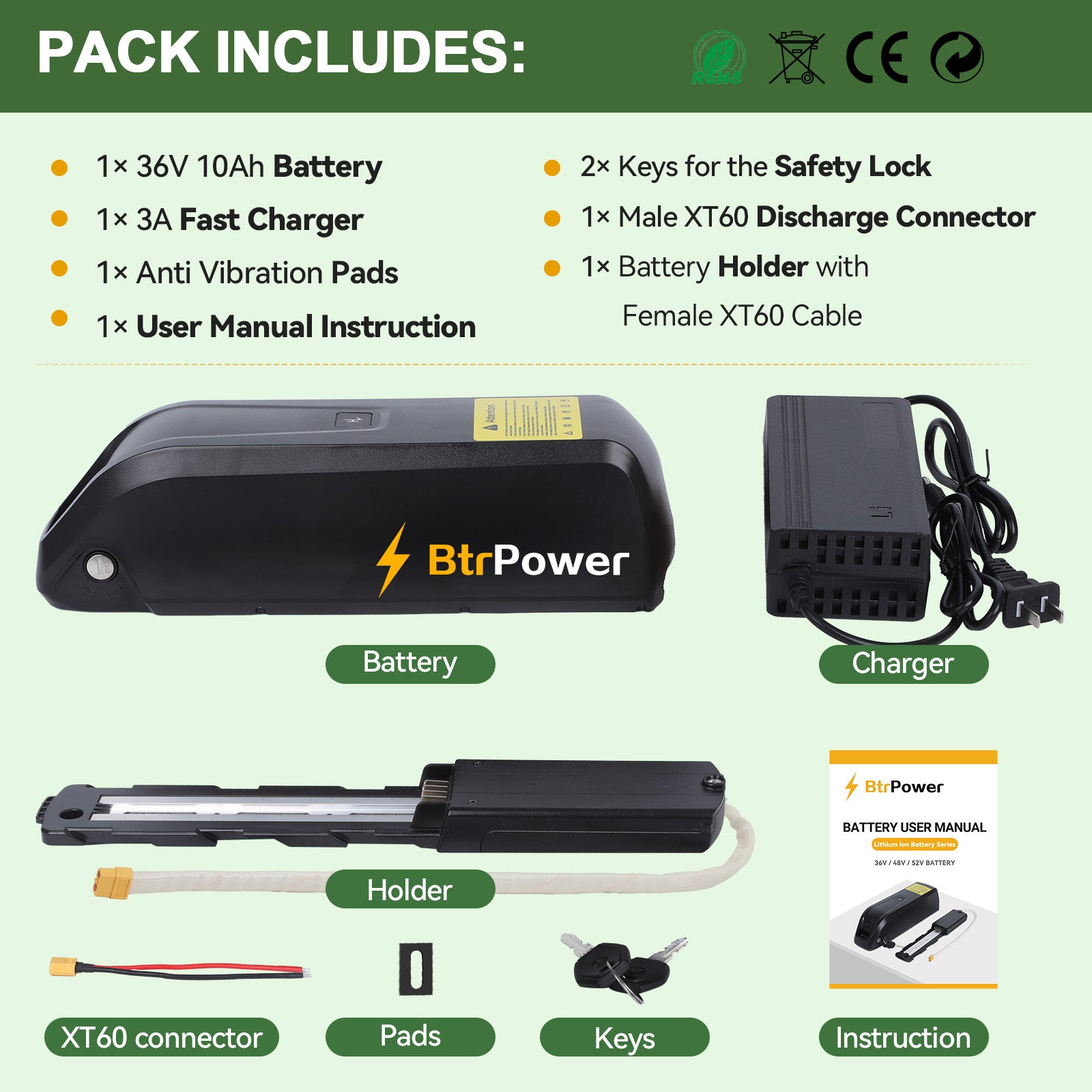36v 10ah battery electric bicycle BtrPower 36V 10Ah Hailong Ebike Battery for Electric Bike Motor Lithiu