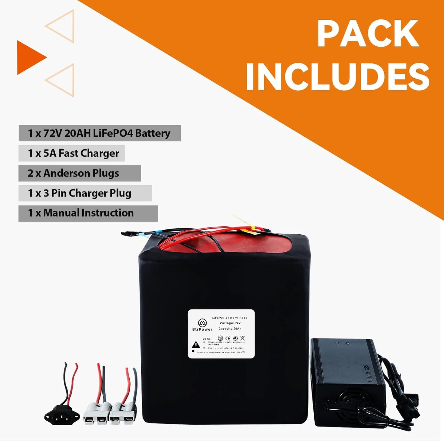 BtrPower Ebike Battery 72V 20AH LiFePO4 Battery Pack with 5A Charger 50A BMS