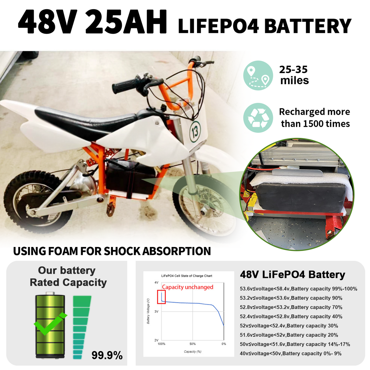 BtrPower Ebike Battery 48V 25AH LiFePo4 Battery Pack with 5A Charger, 50A BMS