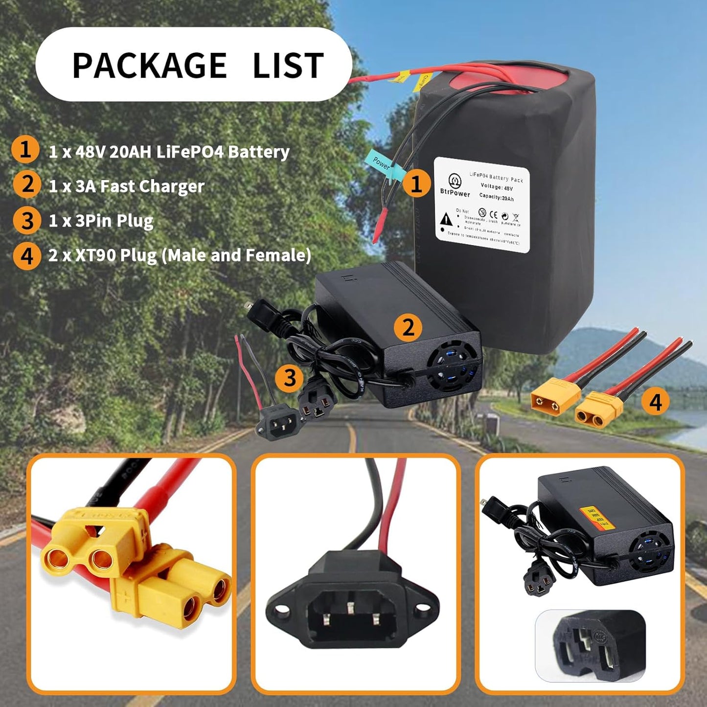 BtrPower Ebike Battery 48V 20AH LiFePO4 Battery Pack with 3A Charger,30A BMS