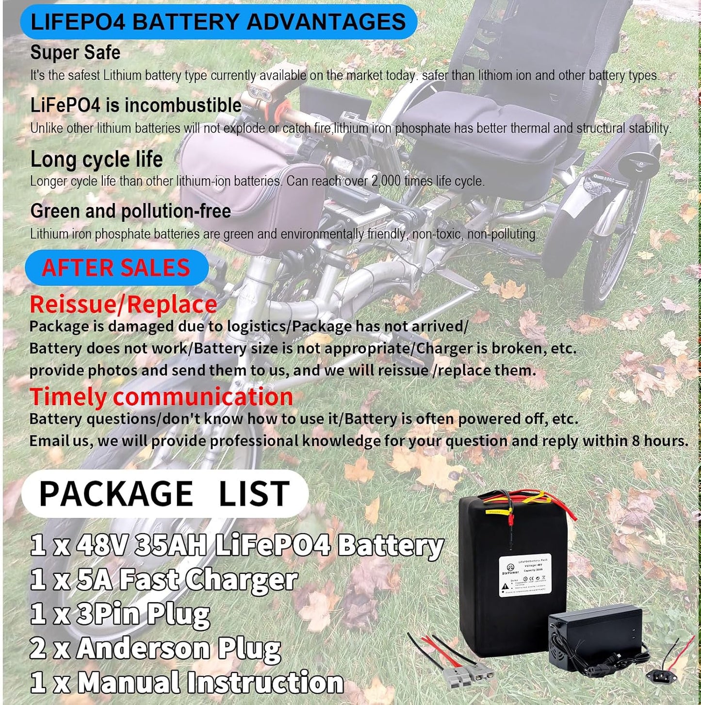 BtrPower Ebike Battery 48V 35AH LiFePO4 Battery Pack with 5A Charger, 50A BMS