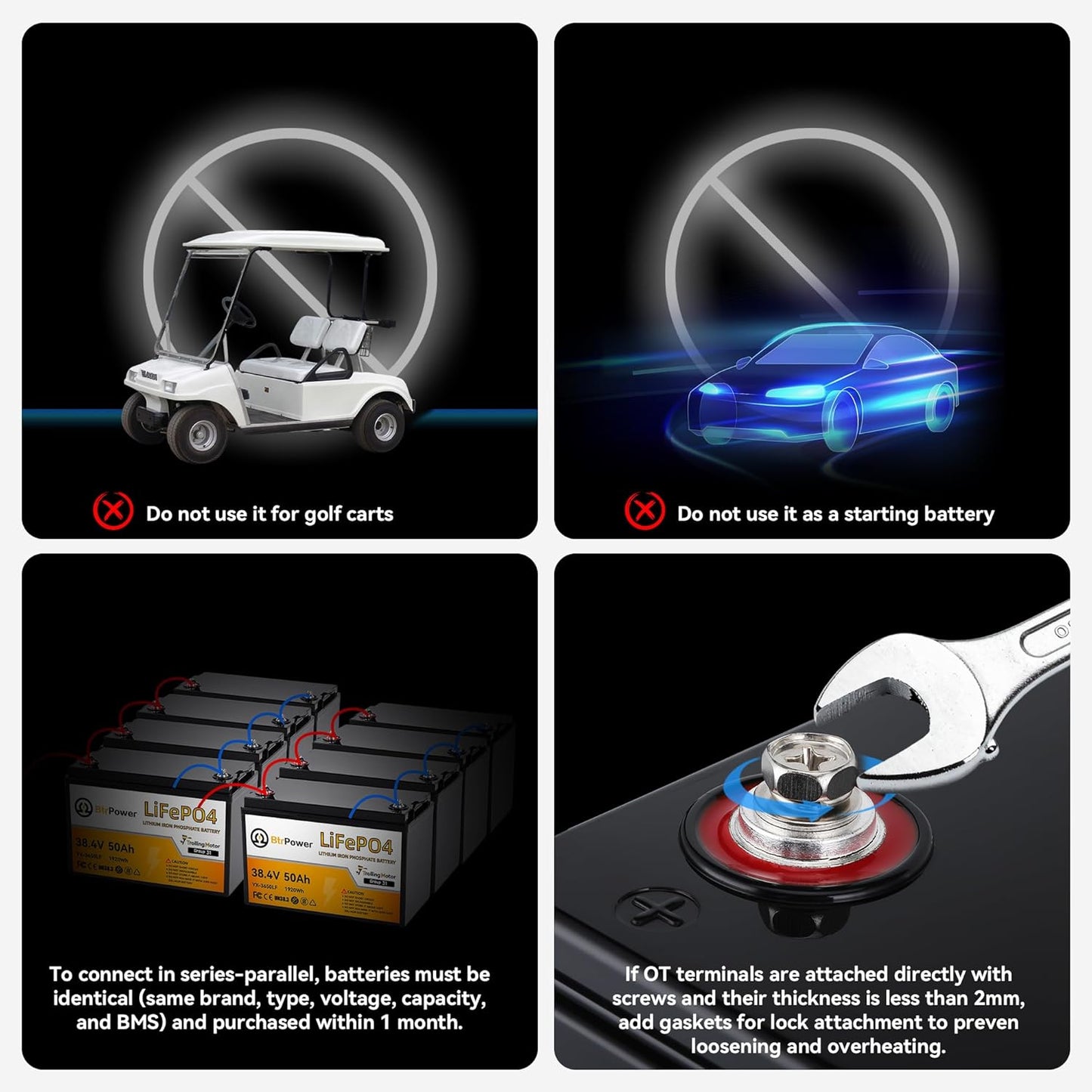 BtrPower 36V 50Ah LiFePO4 Lithium Battery for Trolling Motor RV Marine Solar System