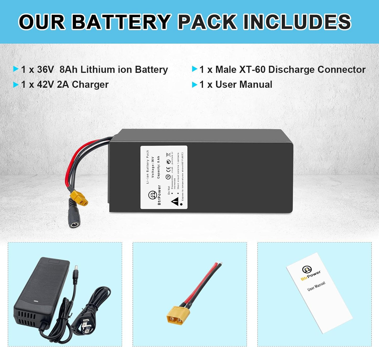 BtrPower Ebike Battery 36V 8AH, Li- ion Battery Pack with 2A Charger and 20A BMS