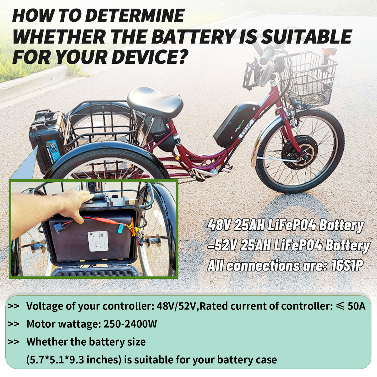 BtrPower Ebike Battery 48V 25AH LiFePo4 Battery Pack with 5A Charger, 50A BMS