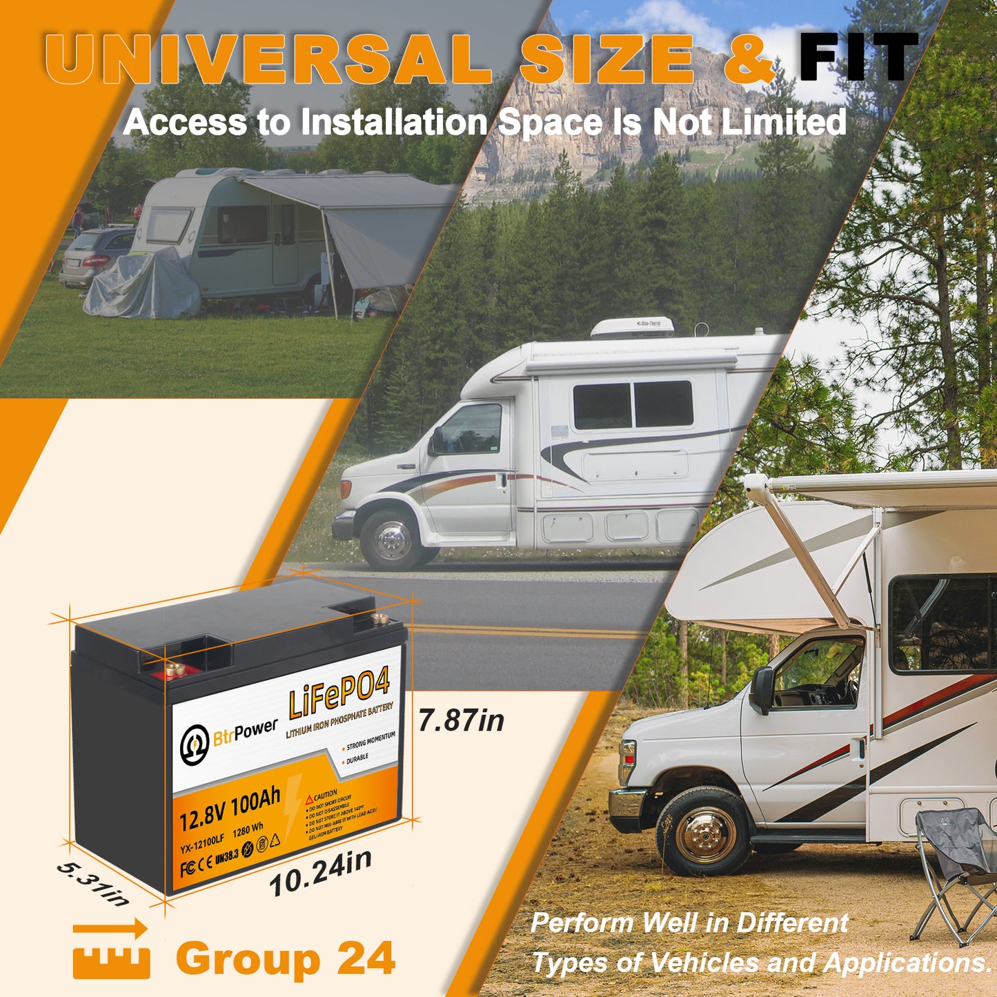 12V 100Ah Group 24 LiFePO4 Lithium Battery Built-In 100A BMS, 1280Wh Energy