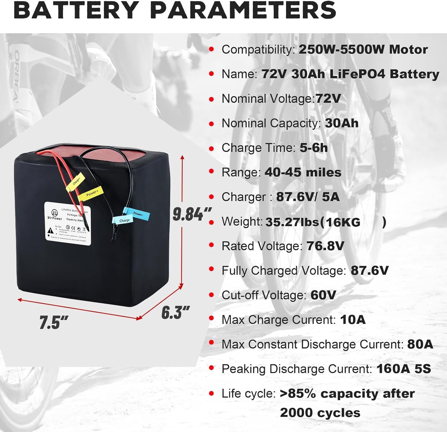 BtrPower Ebike Battery 72V 30AH LiFePO4 Battery Pack with 5A Charger 80A BMS