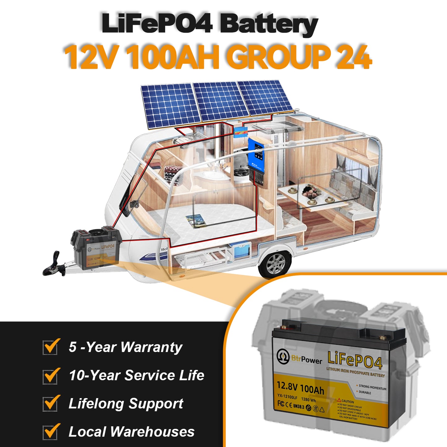 12V 100Ah Group 24 LiFePO4 Lithium Battery Built-In 100A BMS, 1280Wh Energy