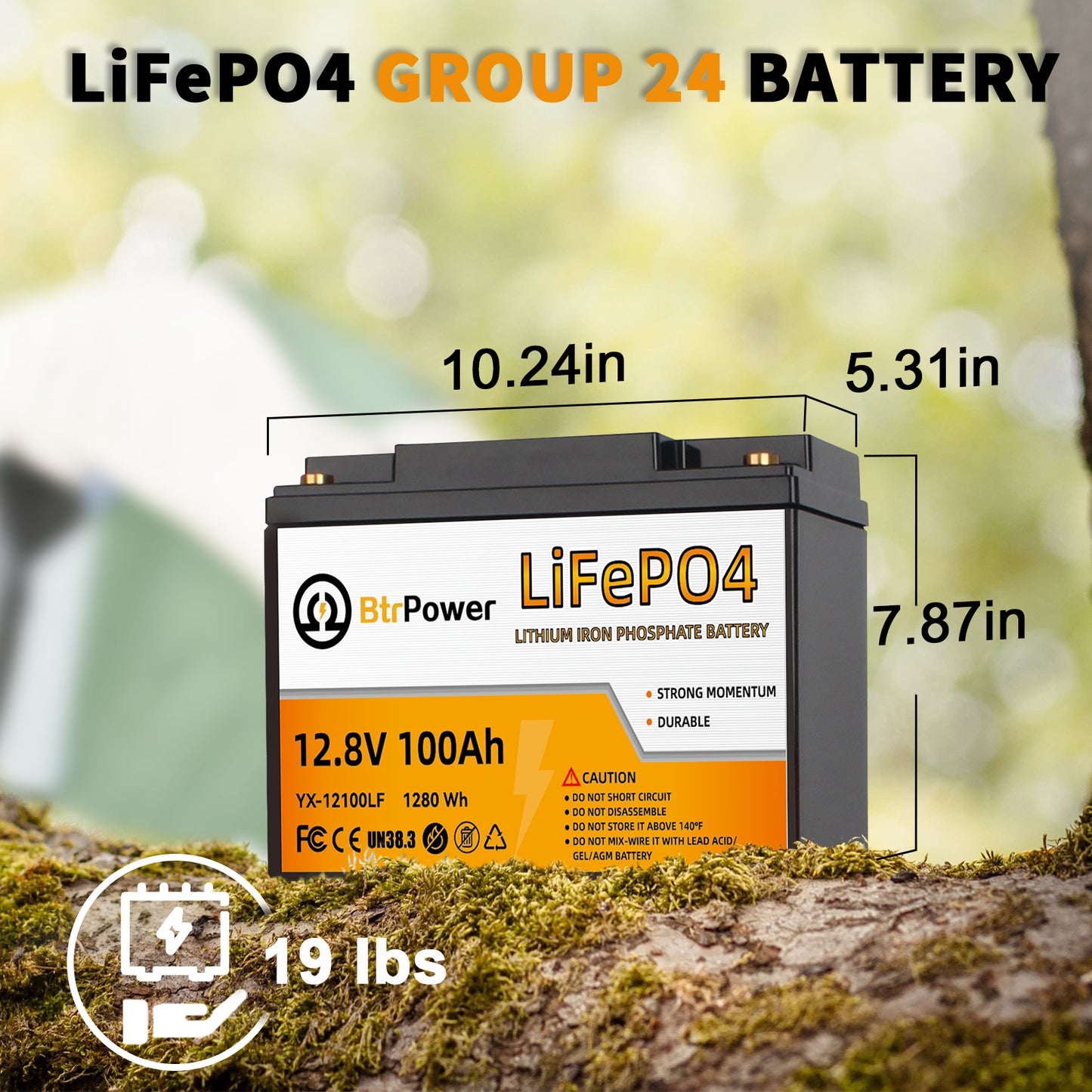12V 100Ah Group 24 LiFePO4 Lithium Battery Built-In 100A BMS, 1280Wh Energy