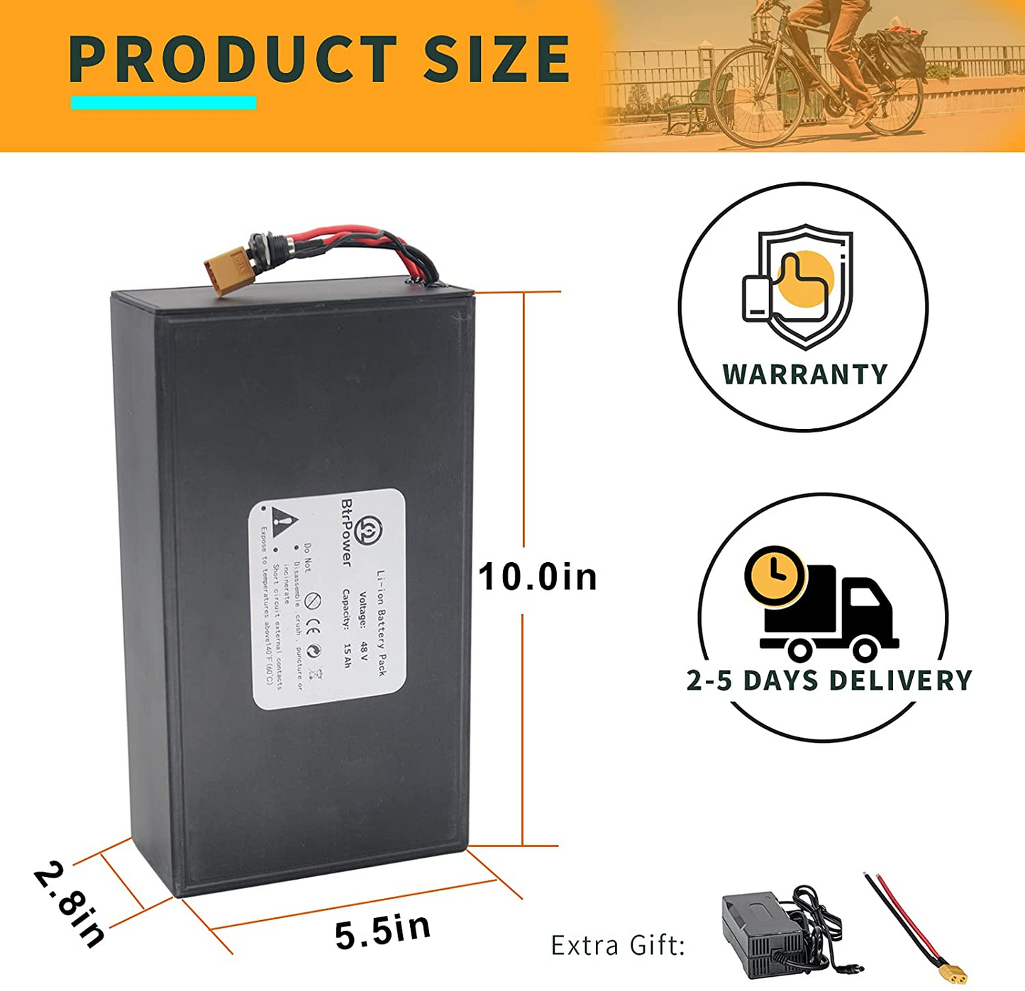 BtrPower Ebike Battery 48V 15AH, Li- ion Battery Pack With 3A Charger and 30A BMS