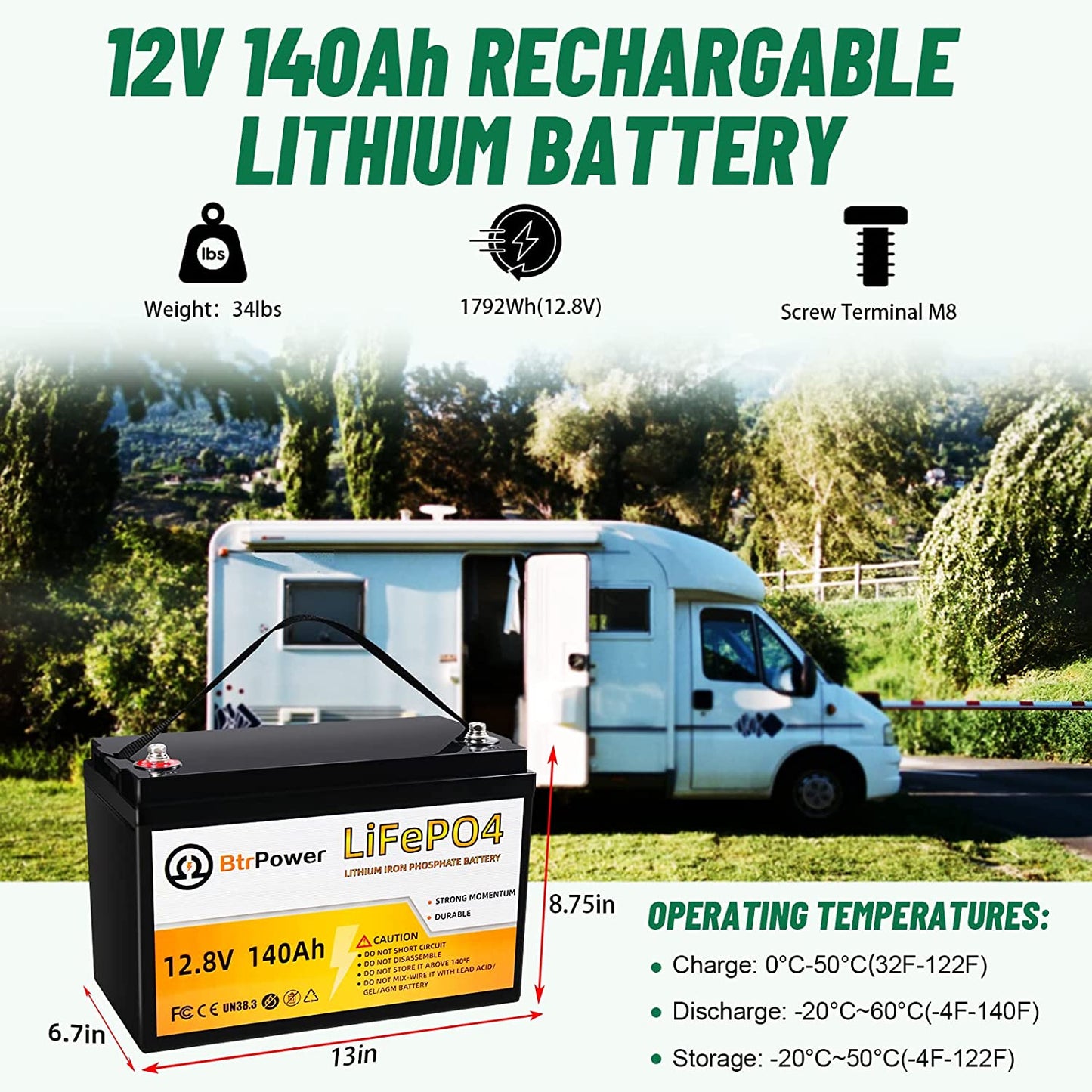BtrPower 12V 140Ah Lithium Iron Phosphate LiFePO4 Deep Cycle Battery 100A BMS
