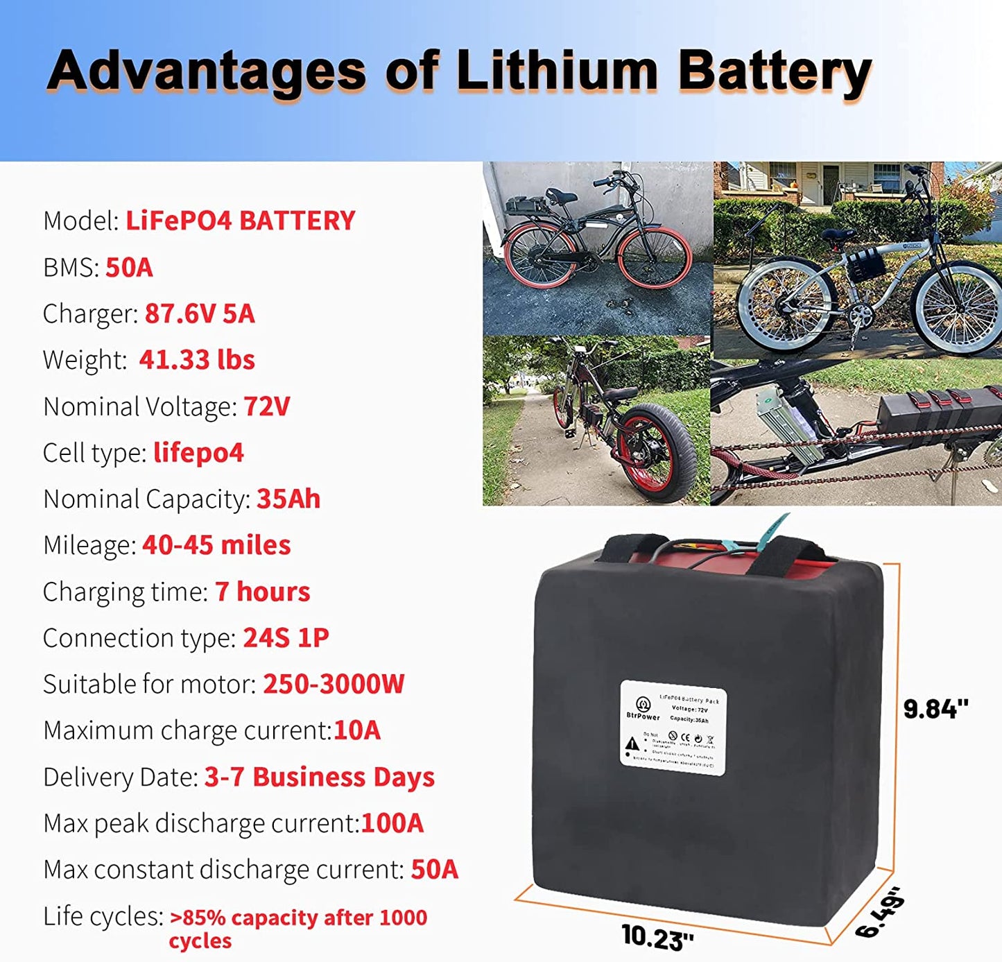 BtrPower 72V 35Ah Ebike Lifepo4 Lithium Battery with 5A Fast Charger and 50A BMS for 1000-3000W Motor