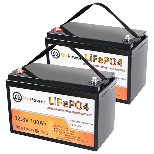 BtrPower 2 Pack 12V 100Ah LiFePO4 Deep Cycle Lithium Rechargeable Battery for RV Solar System