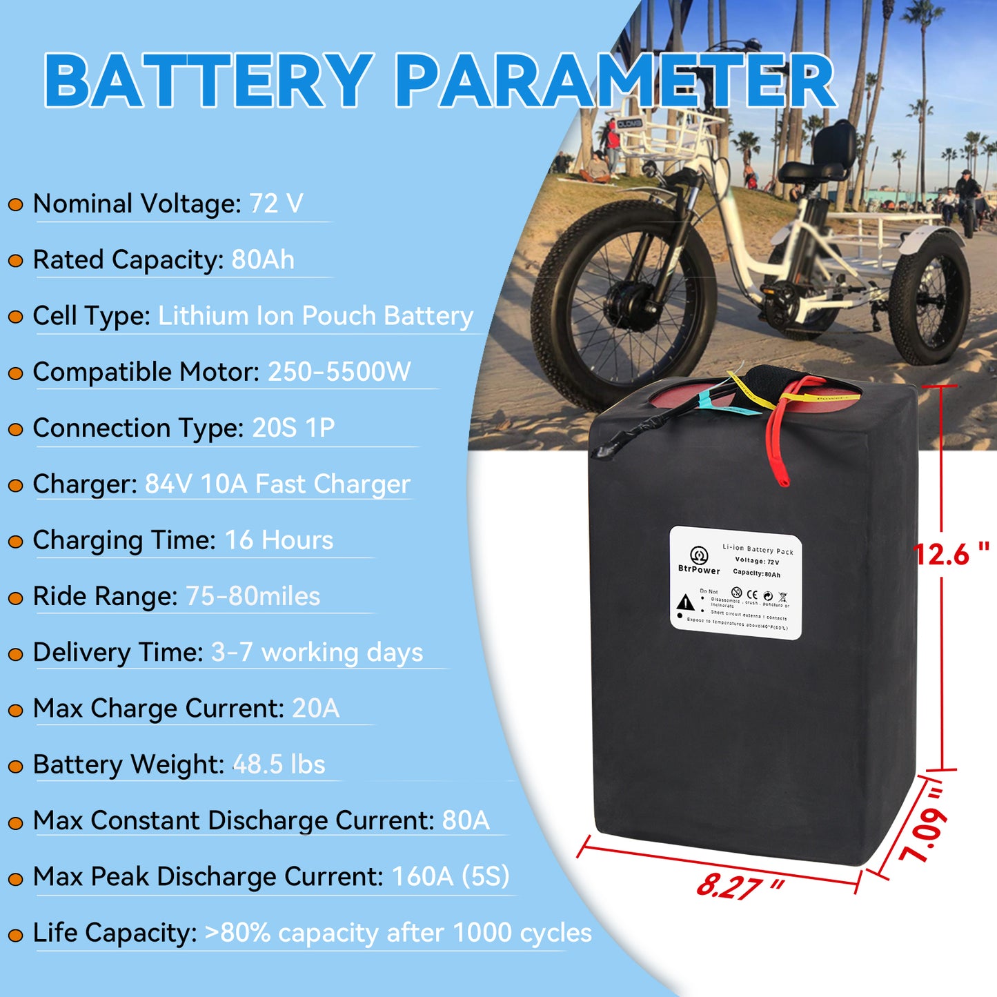 72v Ebike Battery 80Ah Lithium Li-ion 80A BMS for 5000W Electric Bike Scooter