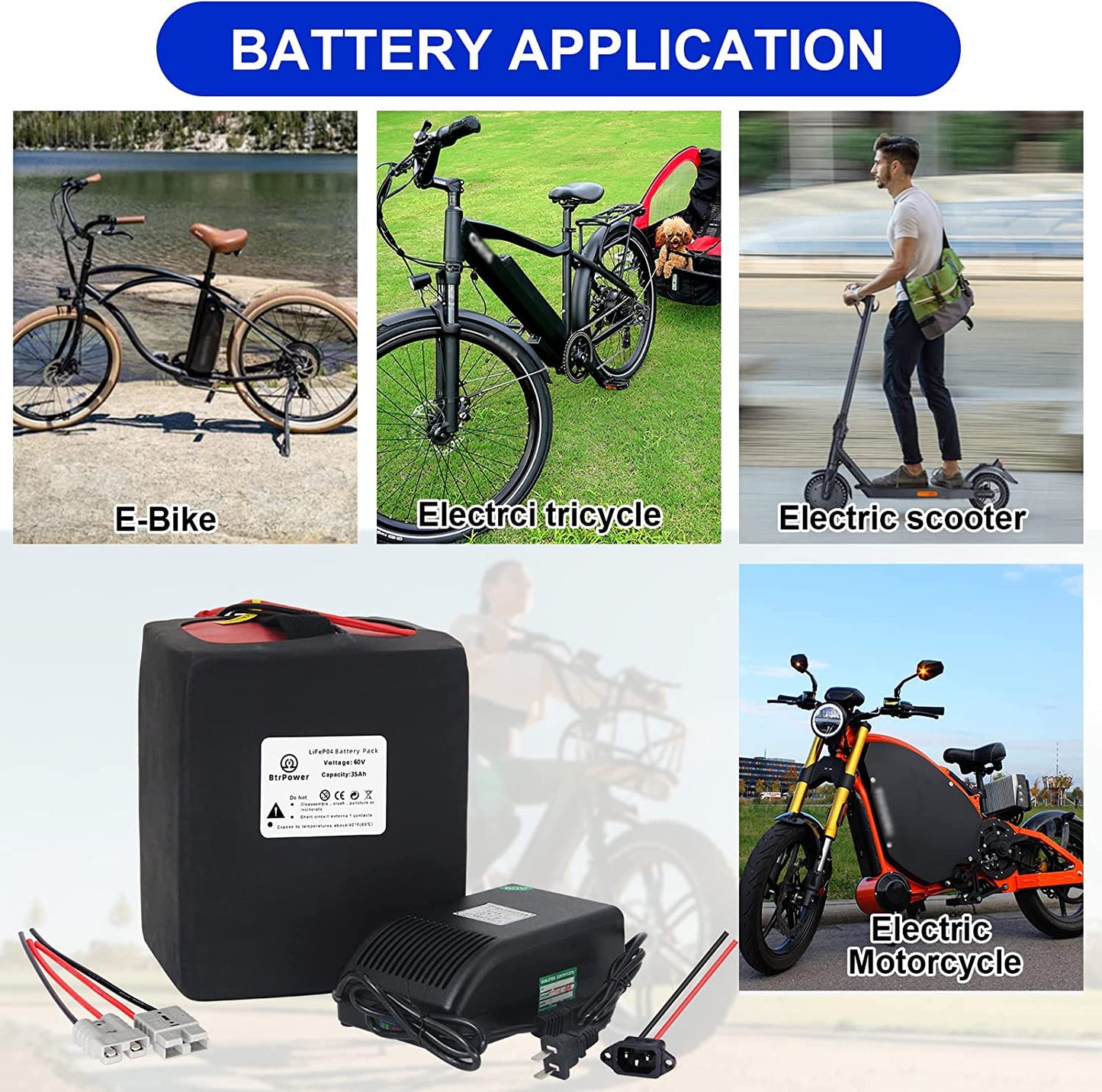 BtrPower EBike Battery 60V 35AH  LiFePo4 Battery Pack with 5A Charge 50A BMS