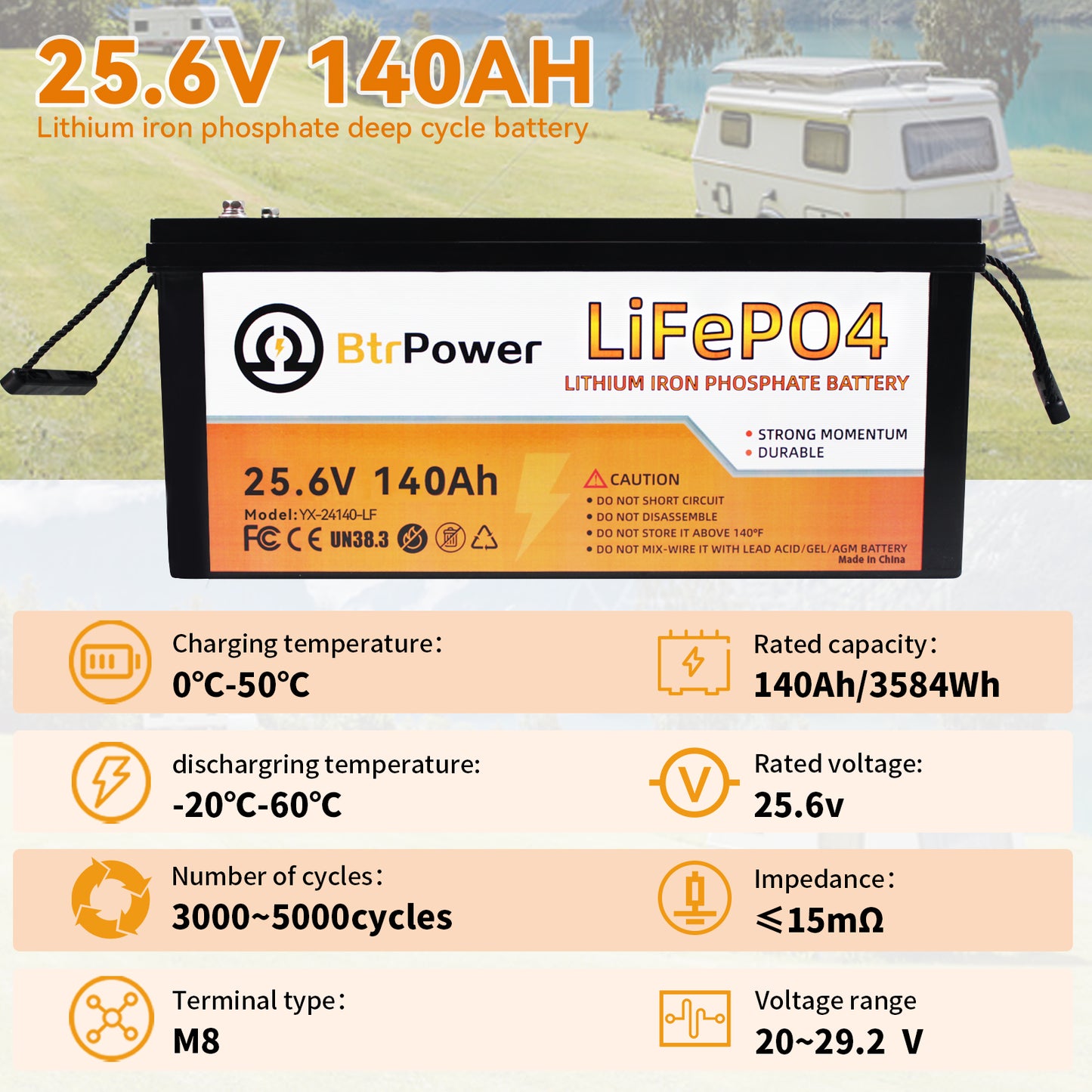 24V 140Ah Rechargeable lithium LiFePO4 battery for RV Deep Cycles Solar System