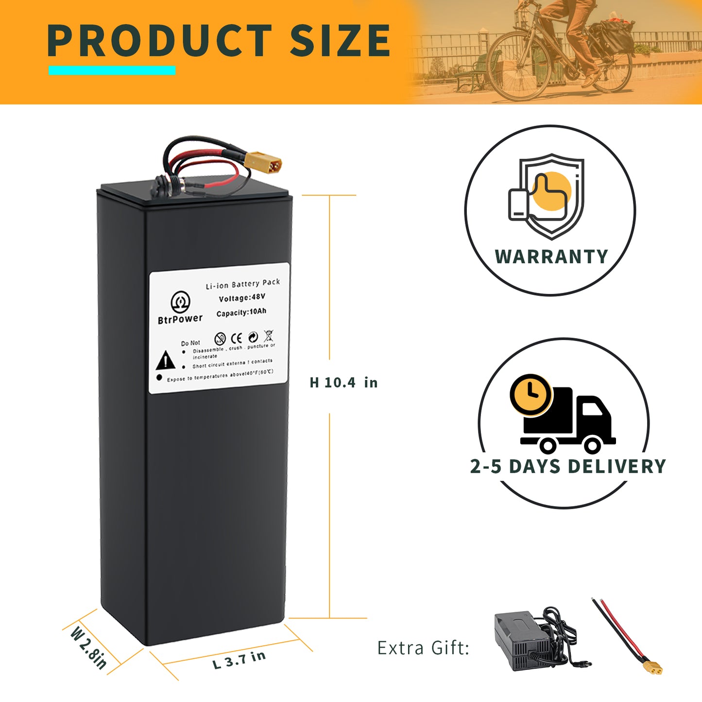 BtrPower Ebike Battery 48V 10AH, Li- ion Battery Pack with 3A Charger and  20A BMS
