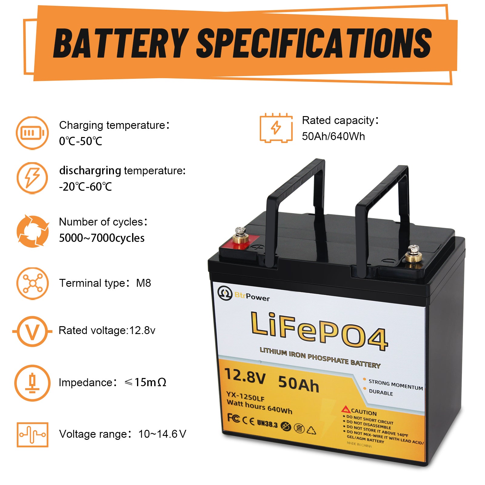 12V 50Ah LiFePO4 Deep Cycles Lithium Battery 640Wh for Solar RV Marine  Off-grid